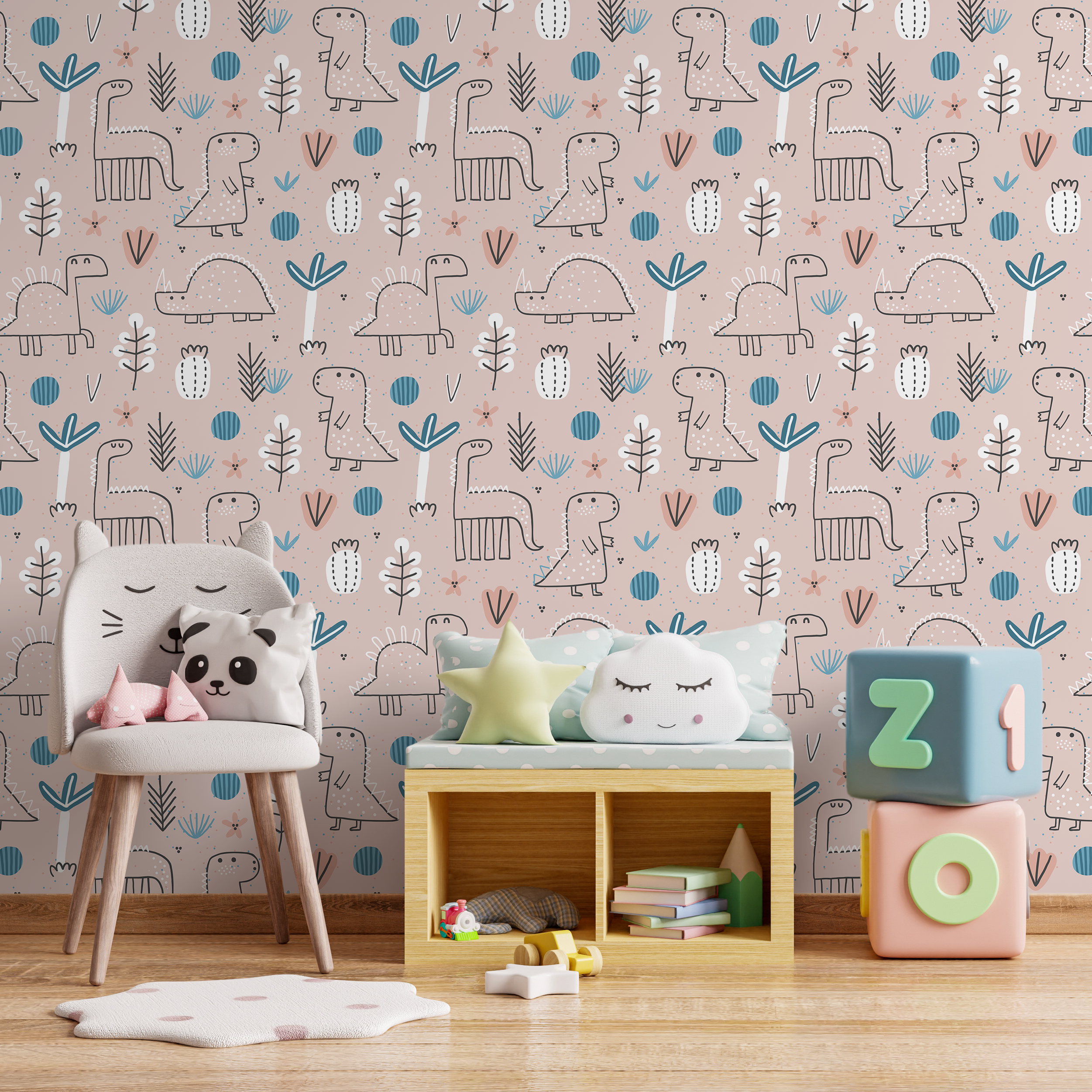 Dinosaur Wallpaper With Hand-drawn Dinos And Plants In Pink, Blue, And Black - A026