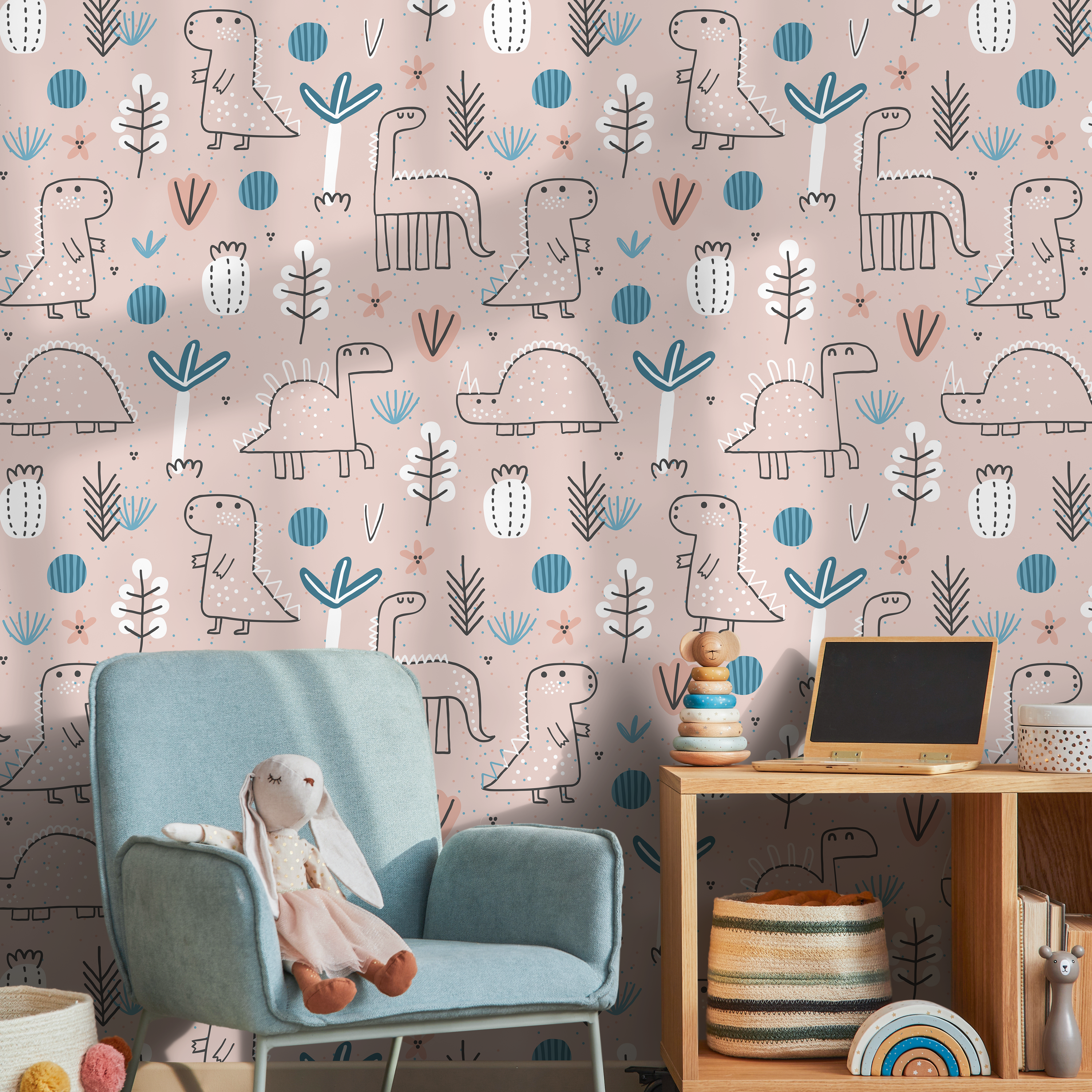 Dinosaur Wallpaper With Hand-drawn Dinos And Plants In Pink, Blue, And Black - A026