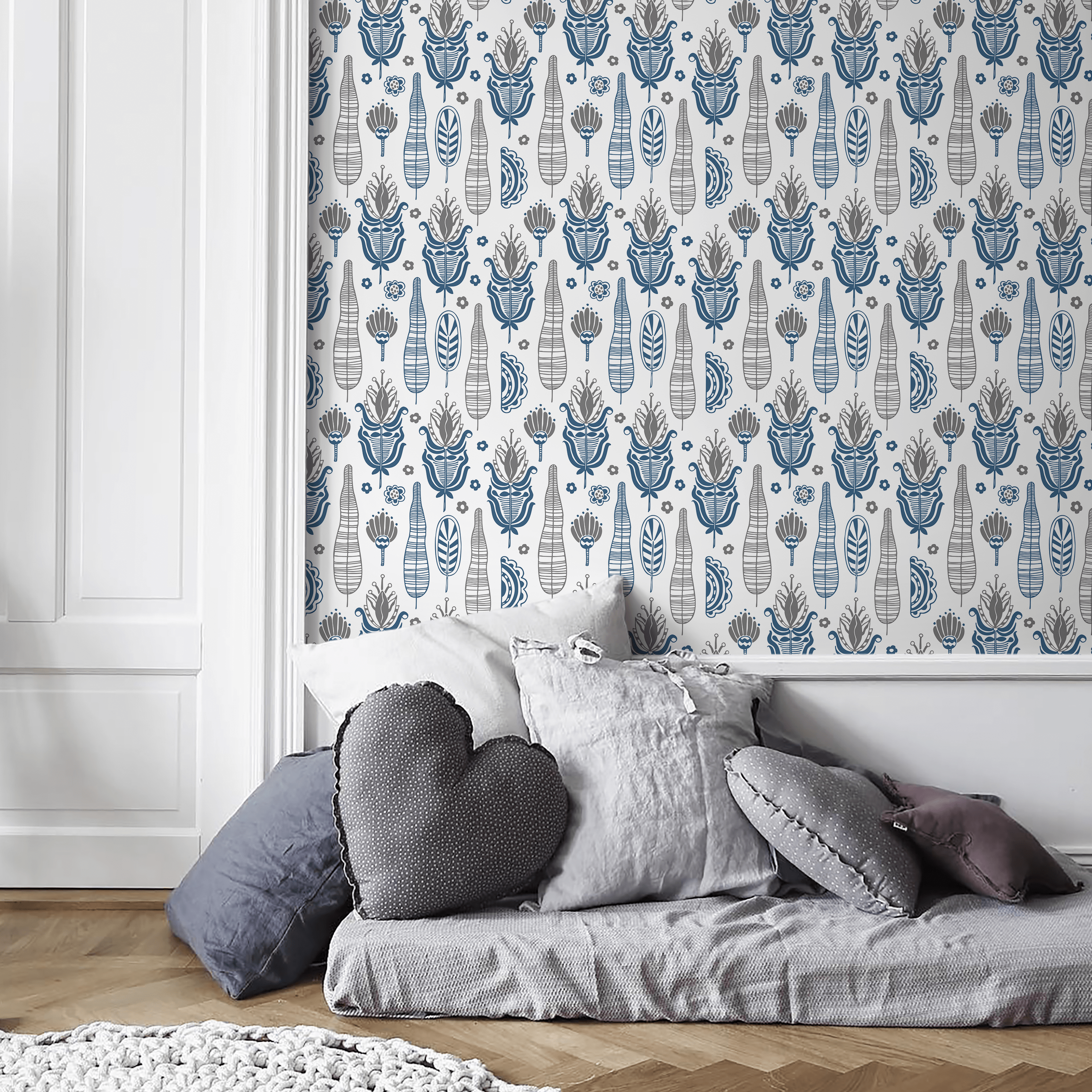 Folk Art Wallpaper With Stylized Floral Motifs In Blue And Gray - A031