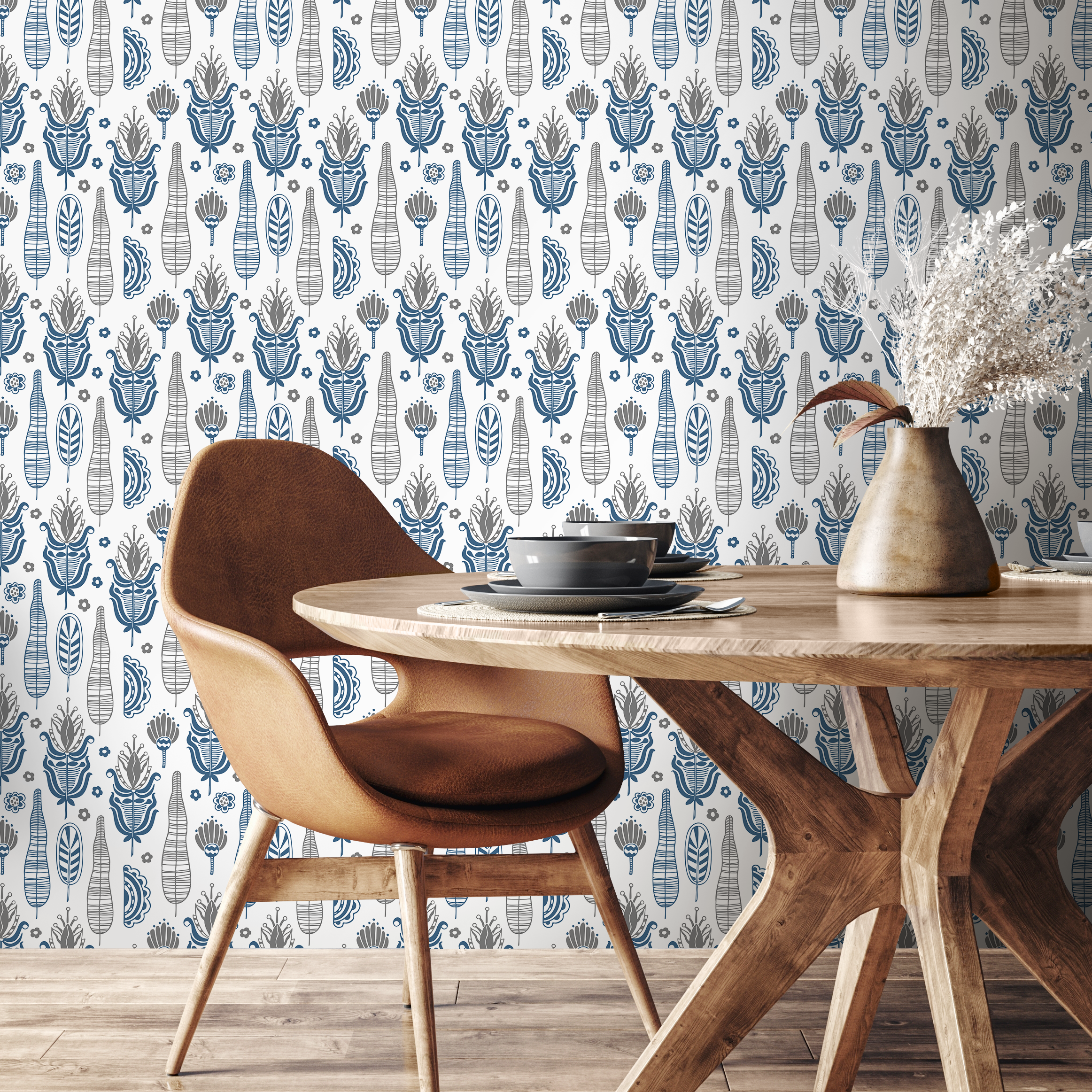 Folk Art Wallpaper With Stylized Floral Motifs In Blue And Gray - A031