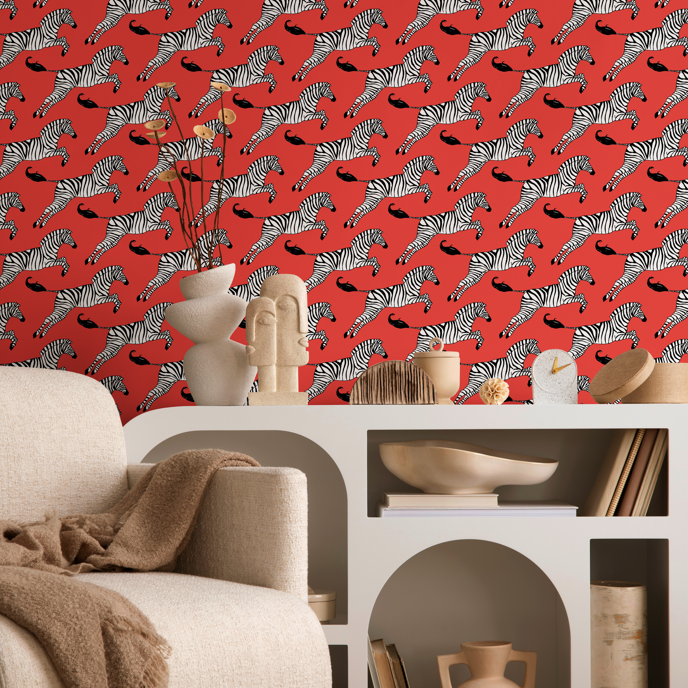 Animal Wallpaper With A Leaping Zebra Motif In Red, Black, And White - A050