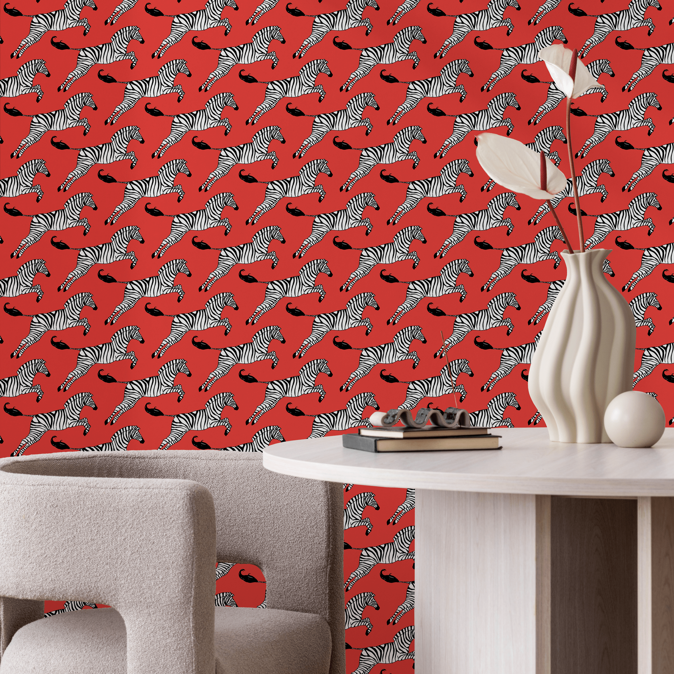 Animal Wallpaper With A Leaping Zebra Motif In Red, Black, And White - A050