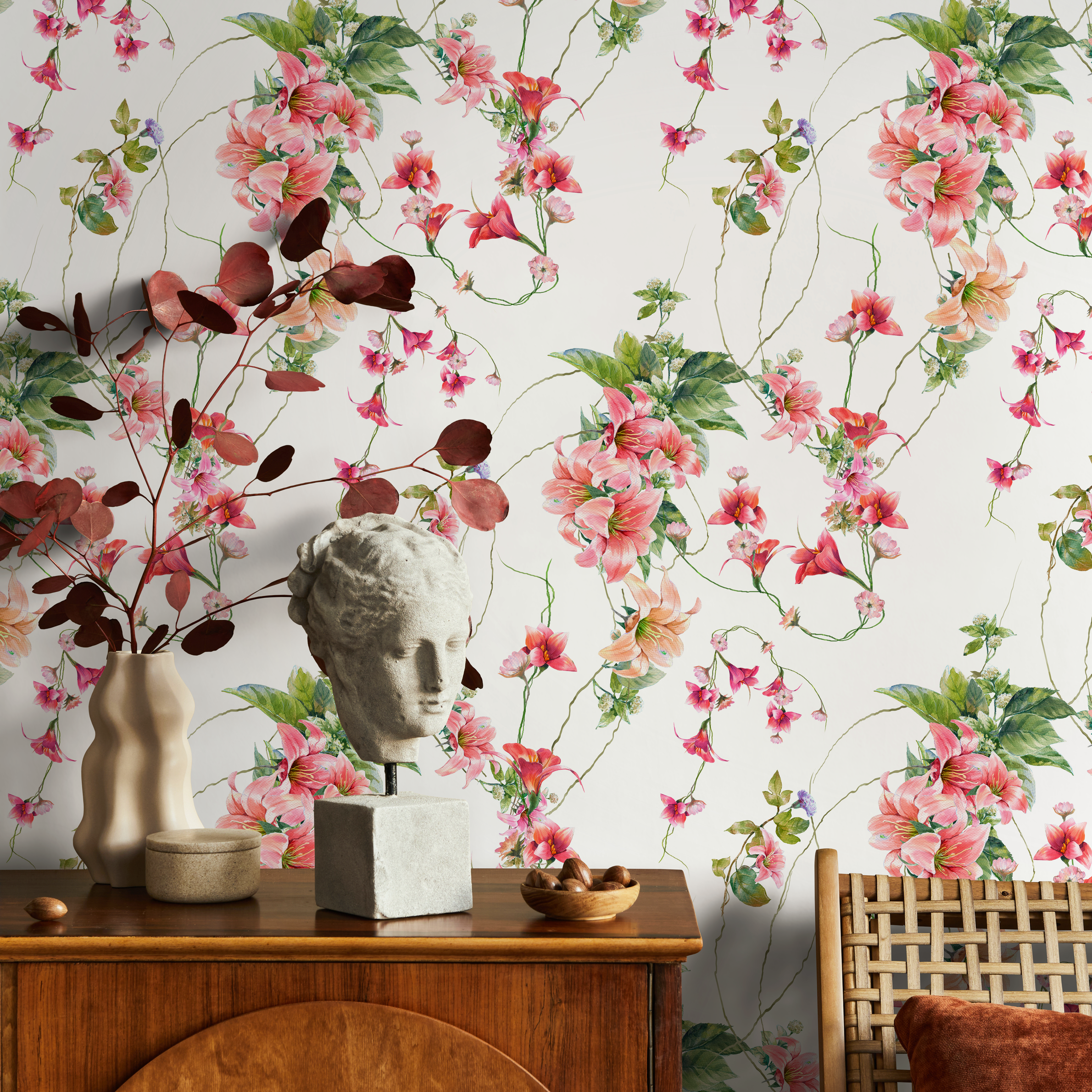 Floral Wallpaper With Trailing Sweet Pea Vines In Pink, Red, And Green - A060