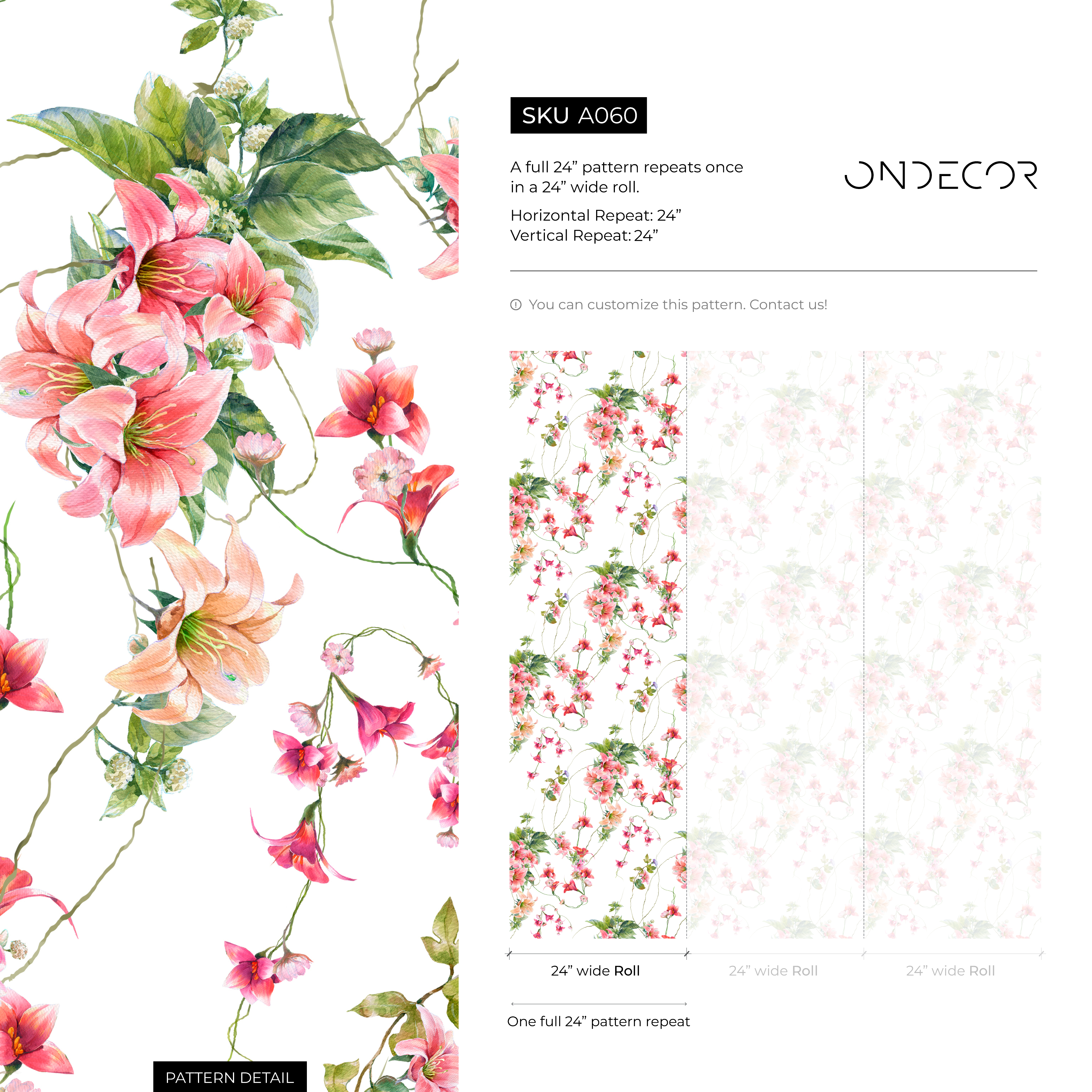 Floral Wallpaper With Trailing Sweet Pea Vines In Pink, Red, And Green - A060