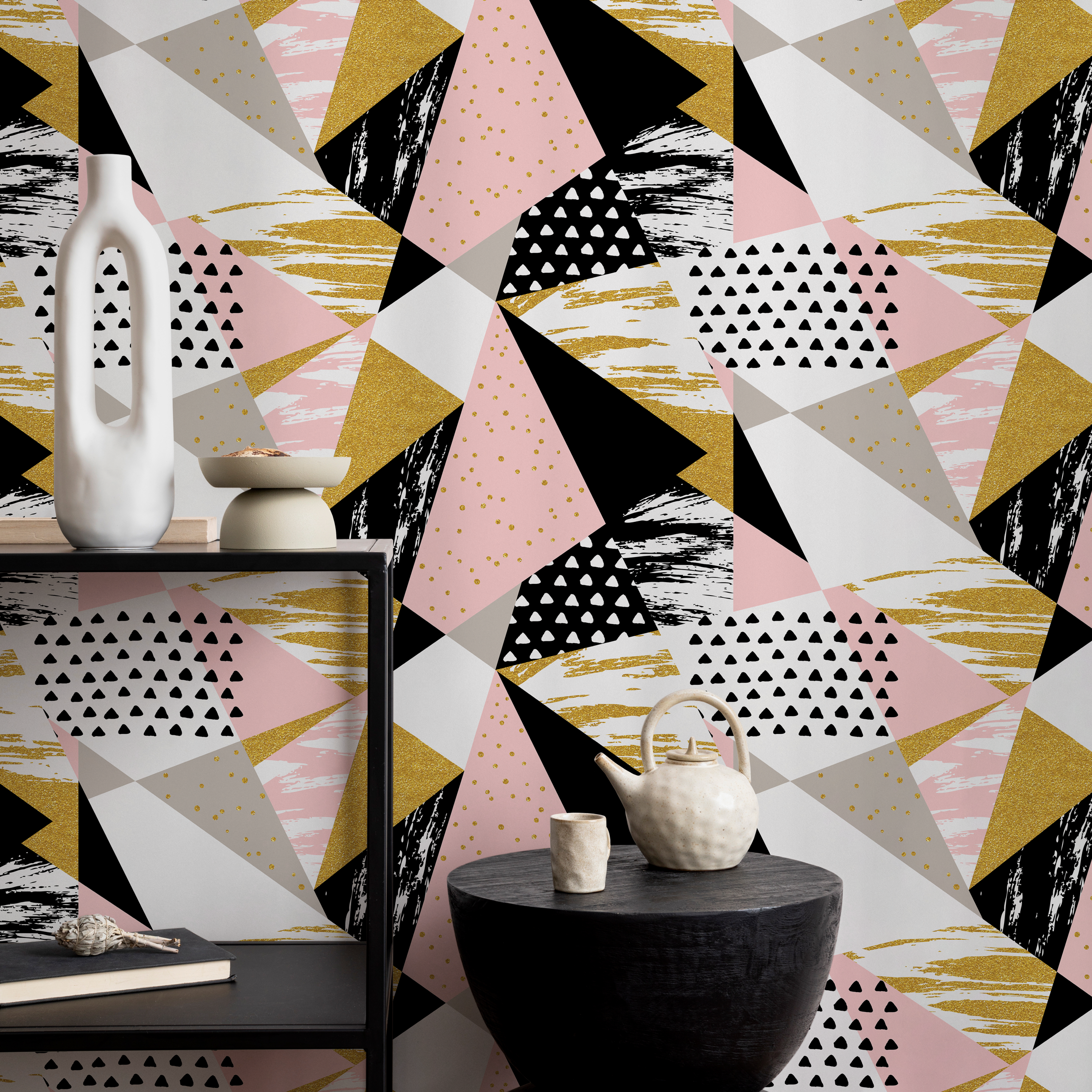Geometric Wallpaper With A Textured Triangle Collage In Pink, Gold, And Black - A073