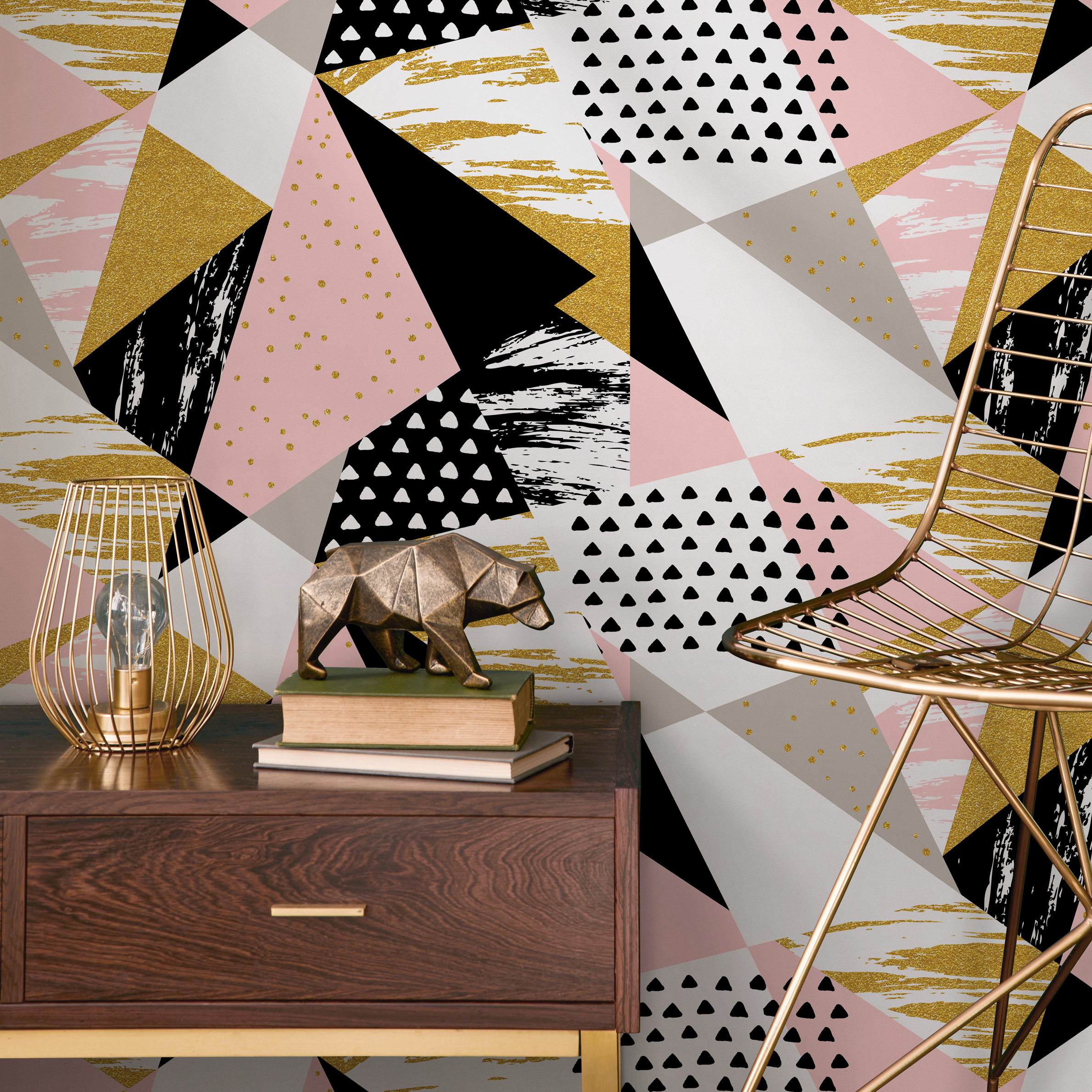 Geometric Wallpaper With A Textured Triangle Collage In Pink, Gold, And Black - A073