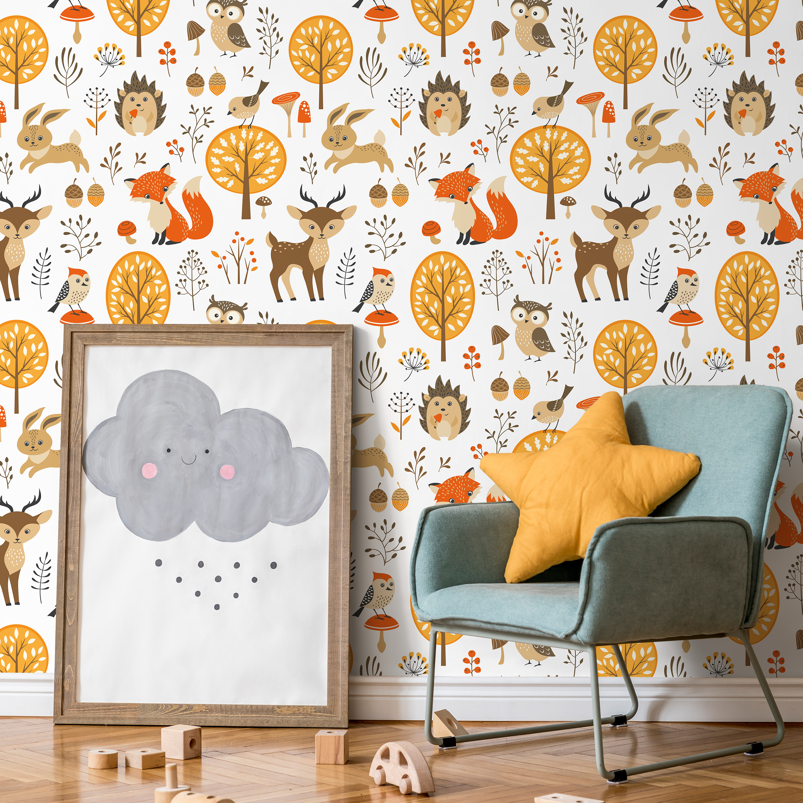 Woodland Wallpaper Featuring Forest Animals In Orange, Brown, And Yellow - A082