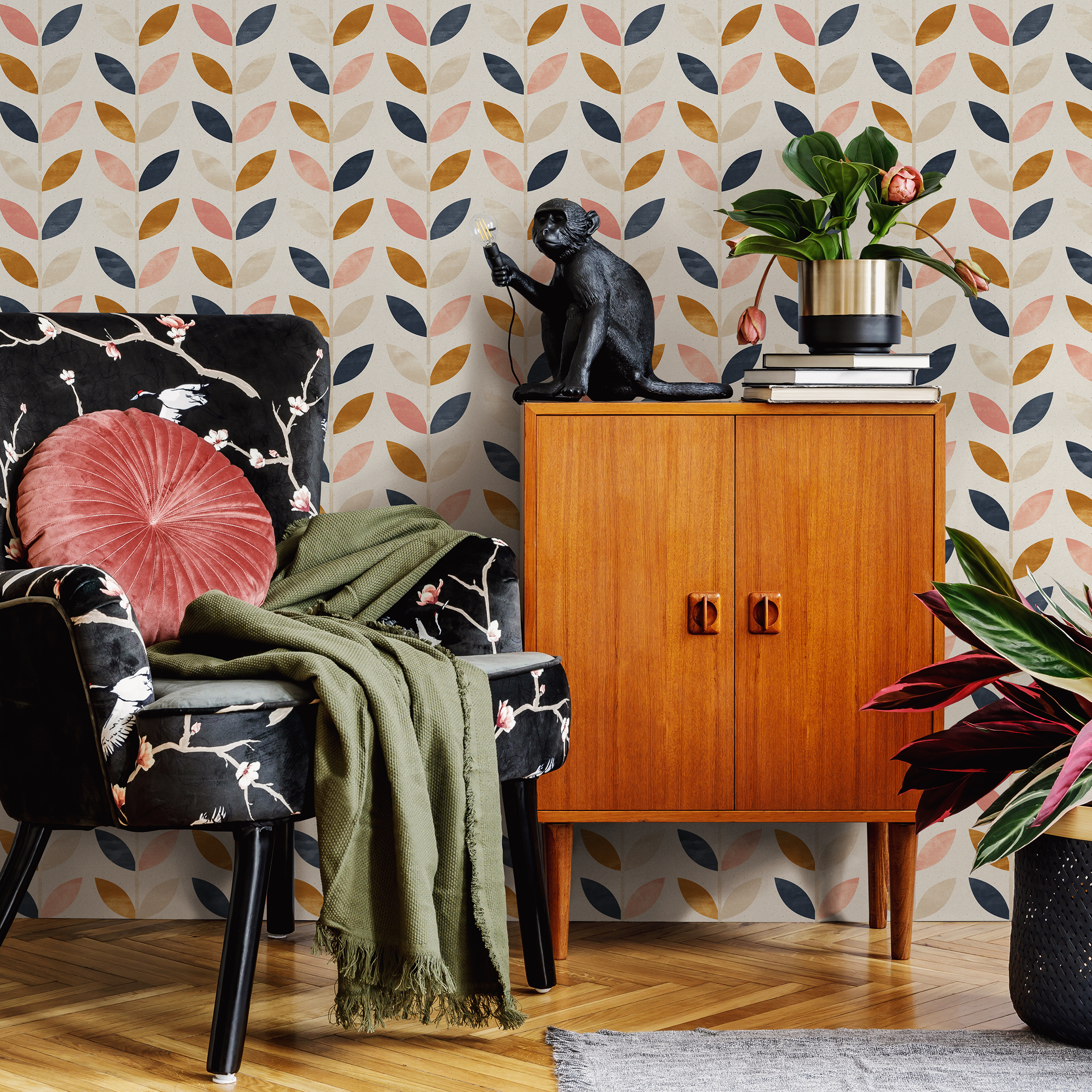 Scandinavian Wallpaper Featuring Stylized Leaves In Navy, Pink, And Ochre - A096