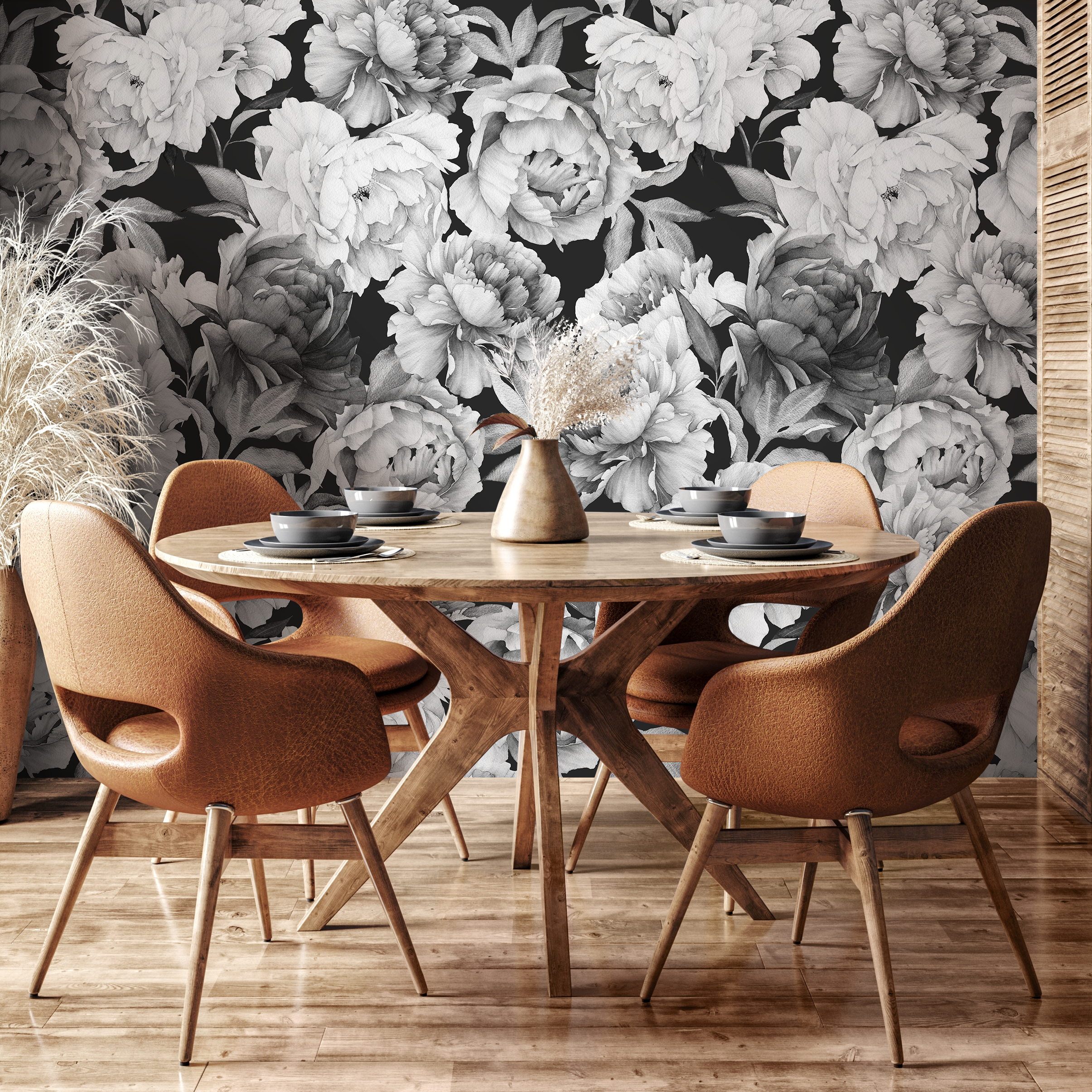 Floral Wallpaper With A Vintage Peony Motif In Black And White - A171