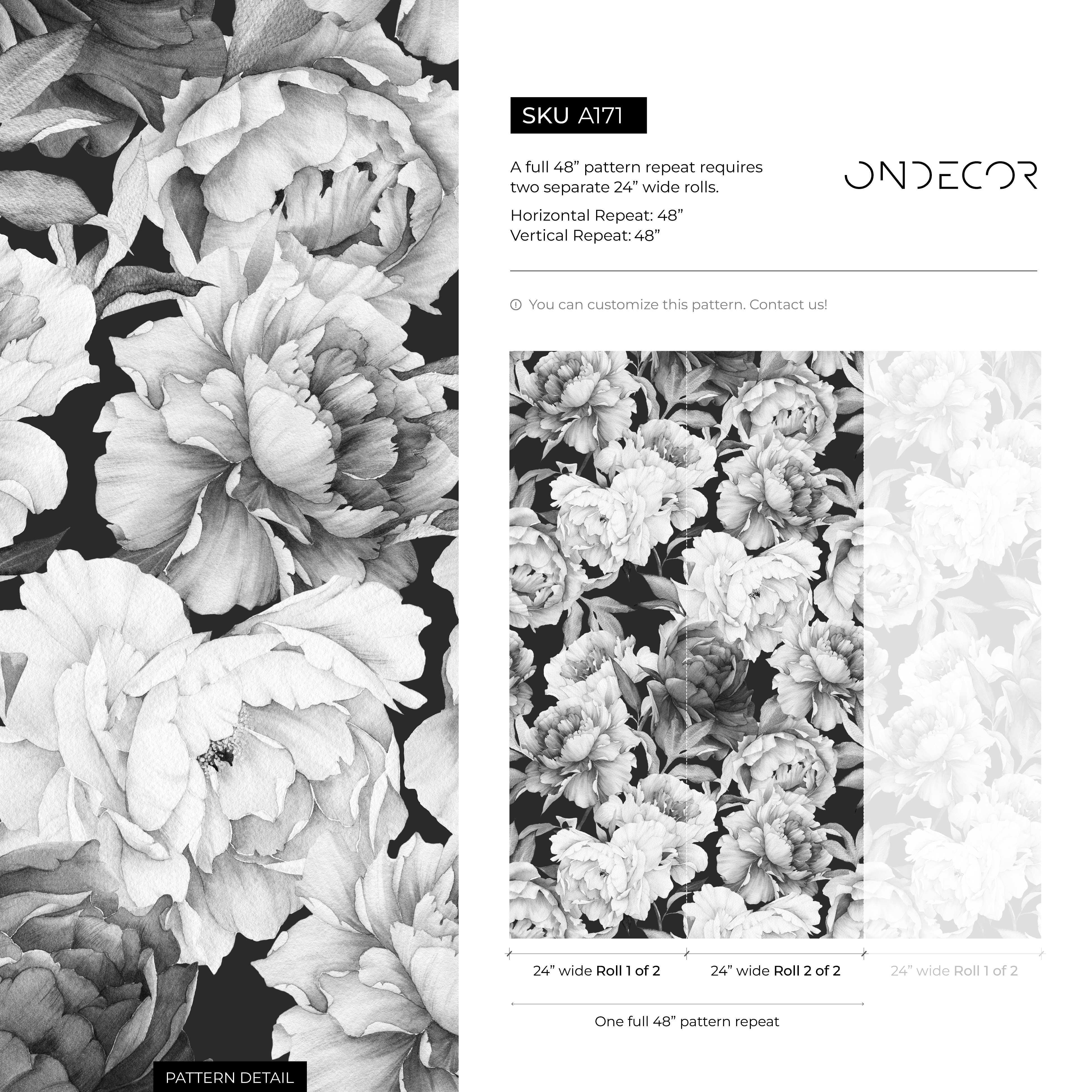Floral Wallpaper With A Vintage Peony Motif In Black And White - A171