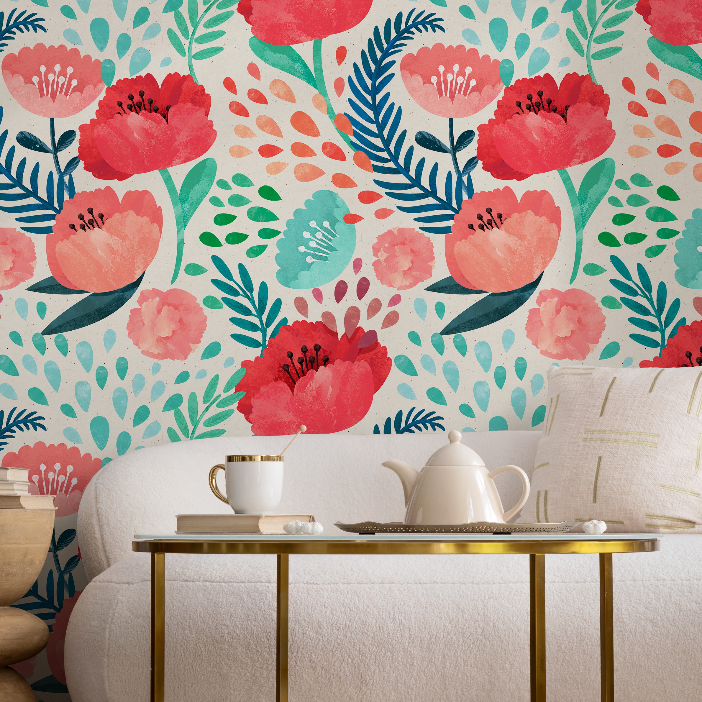 Floral Wallpaper With Watercolor Poppies And Leaves In Red, Pink, And Blue - A187