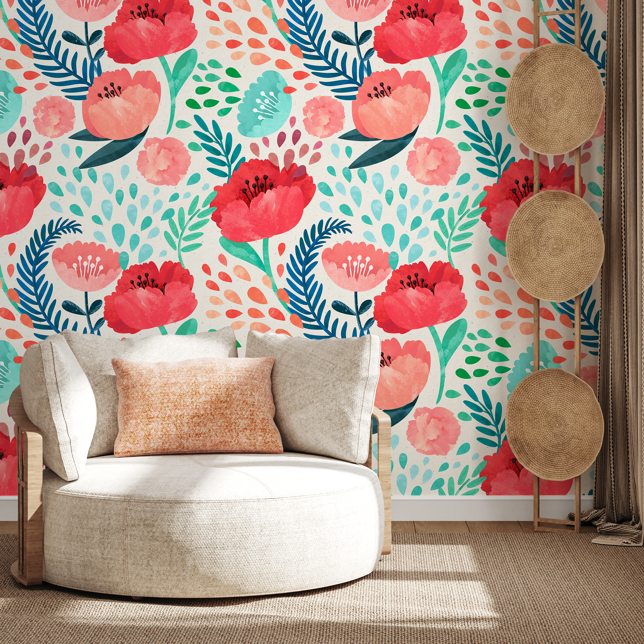 Floral Wallpaper With Watercolor Poppies And Leaves In Red, Pink, And Blue - A187