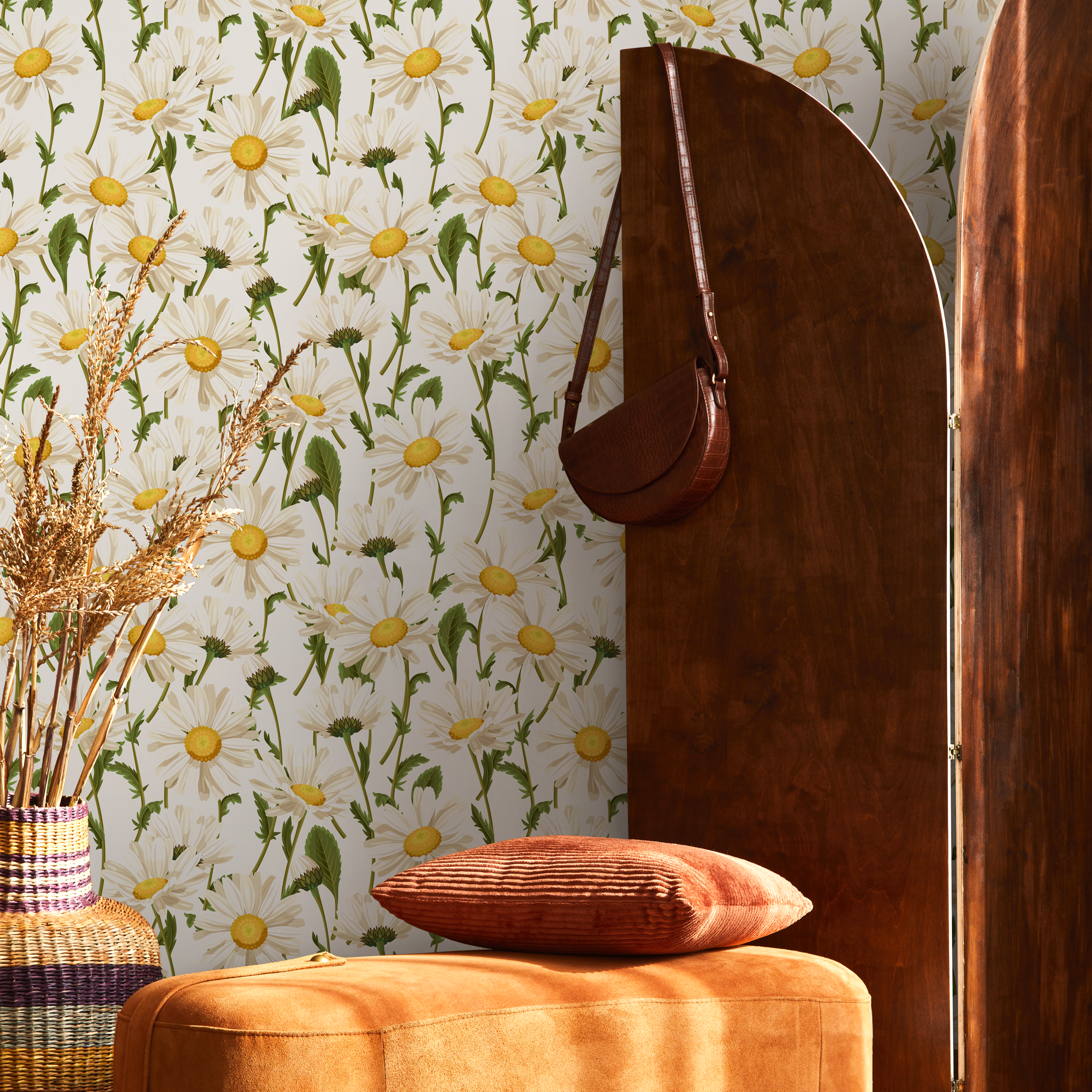 Floral Wallpaper Featuring A Classic Daisy Pattern In White, Yellow, And Green - A209