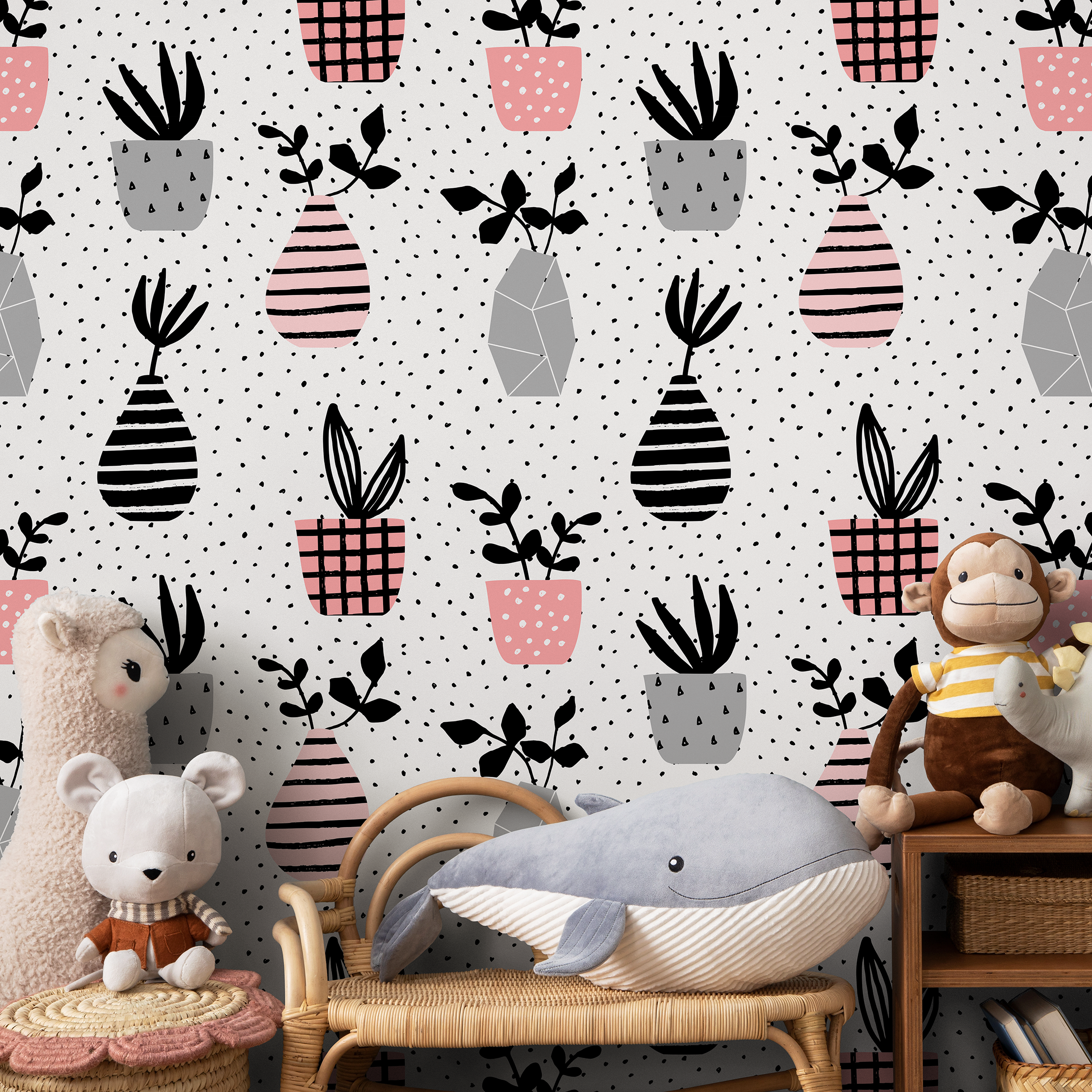 Botanical Wallpaper With Hand-drawn Potted Plants In Pink, Grey, And Black - A253