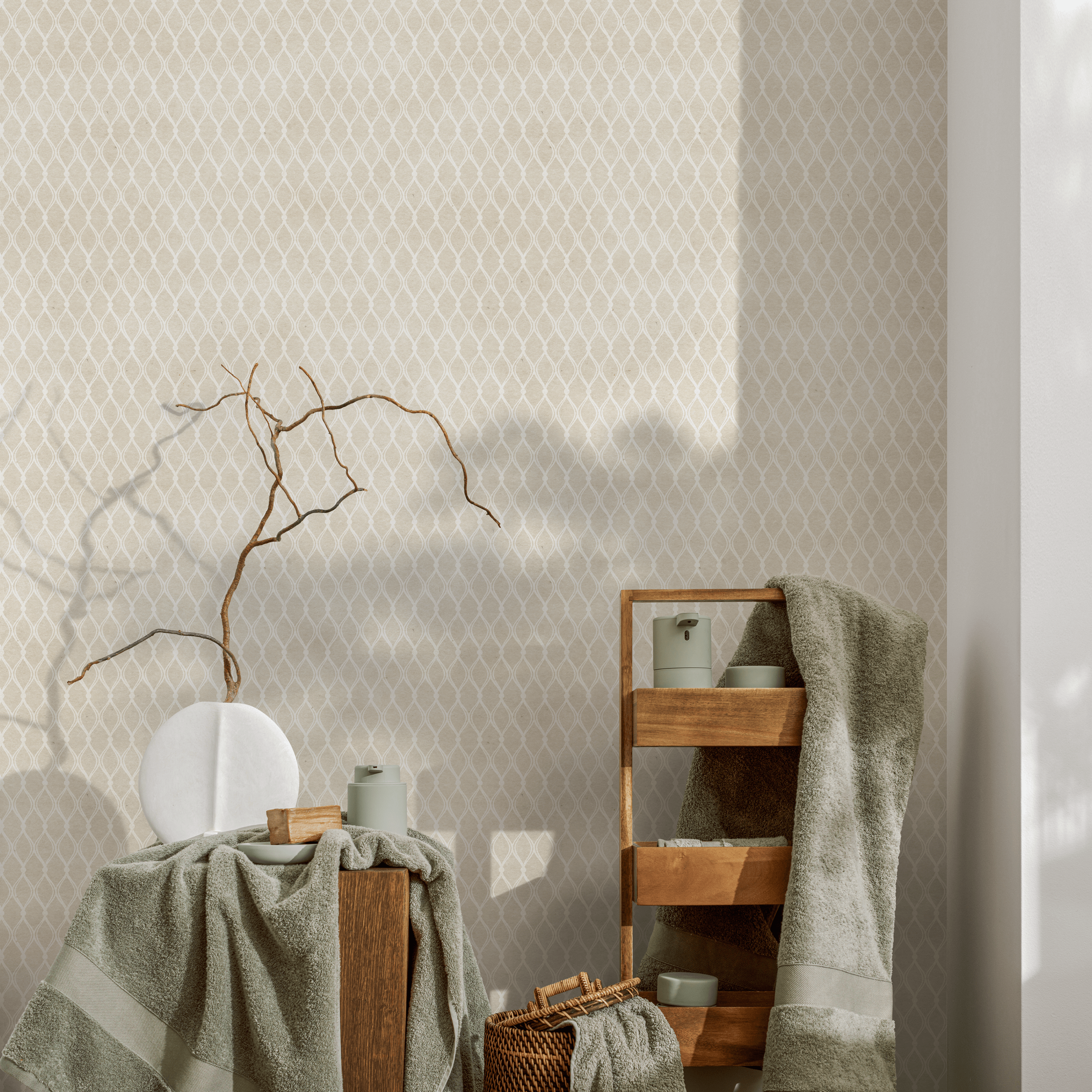 Geometric Wallpaper With A Wavy Trellis Motif In Beige And Cream - A295