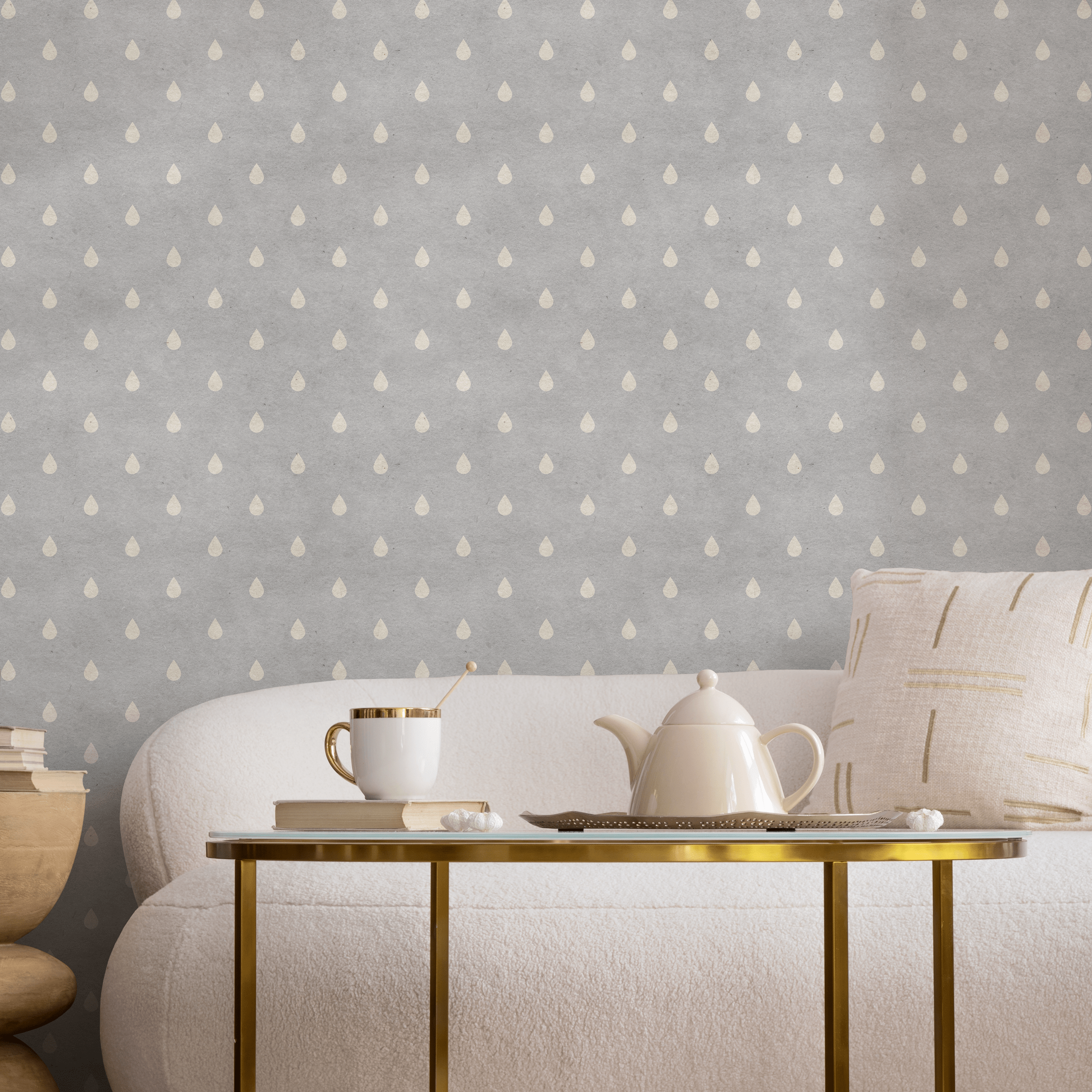 Water Drop Wallpaper With A Minimalist Teardrop Pattern In Gray And Cream - A298