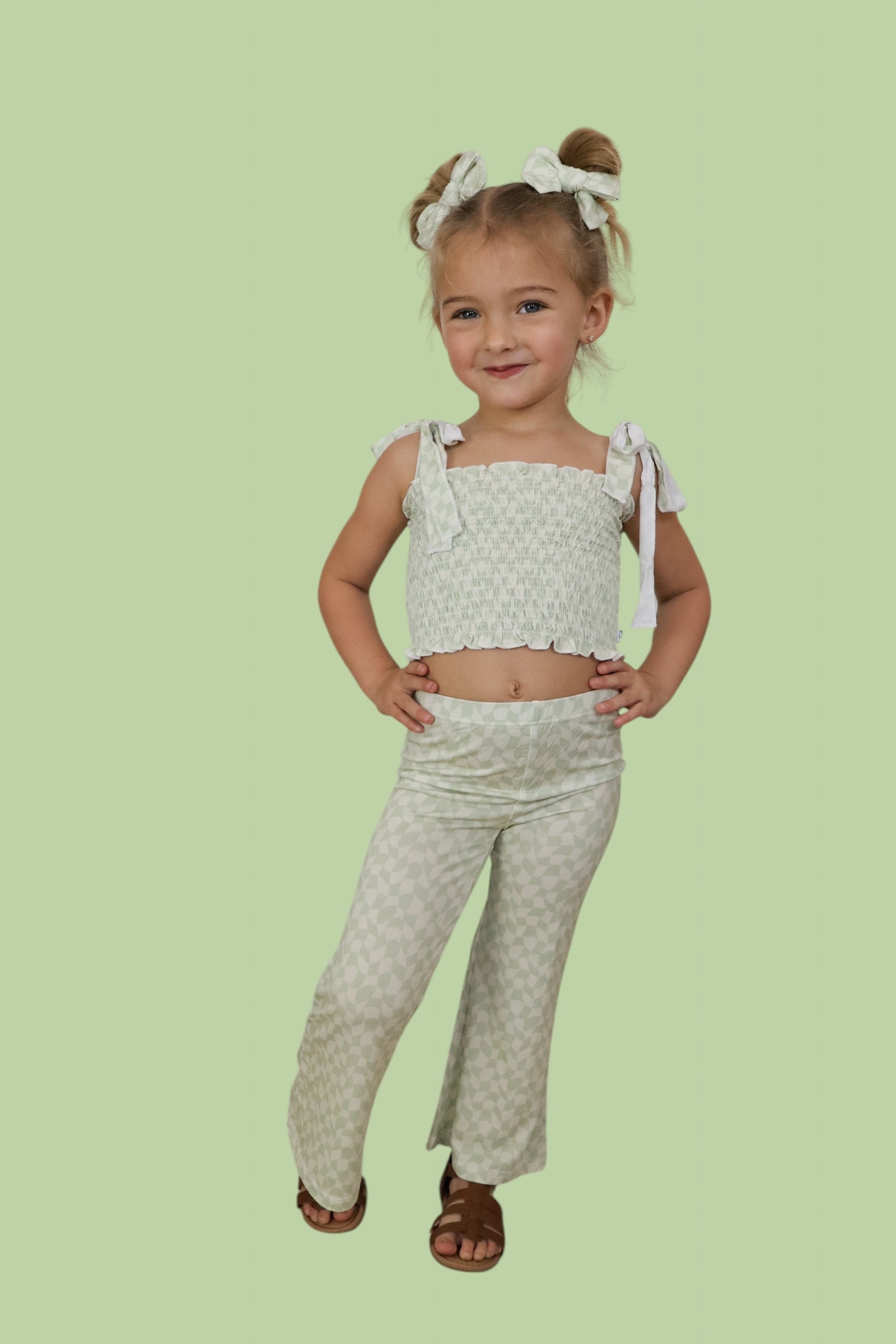 Sage Wavy Checkers Dream Smocked Flare Set