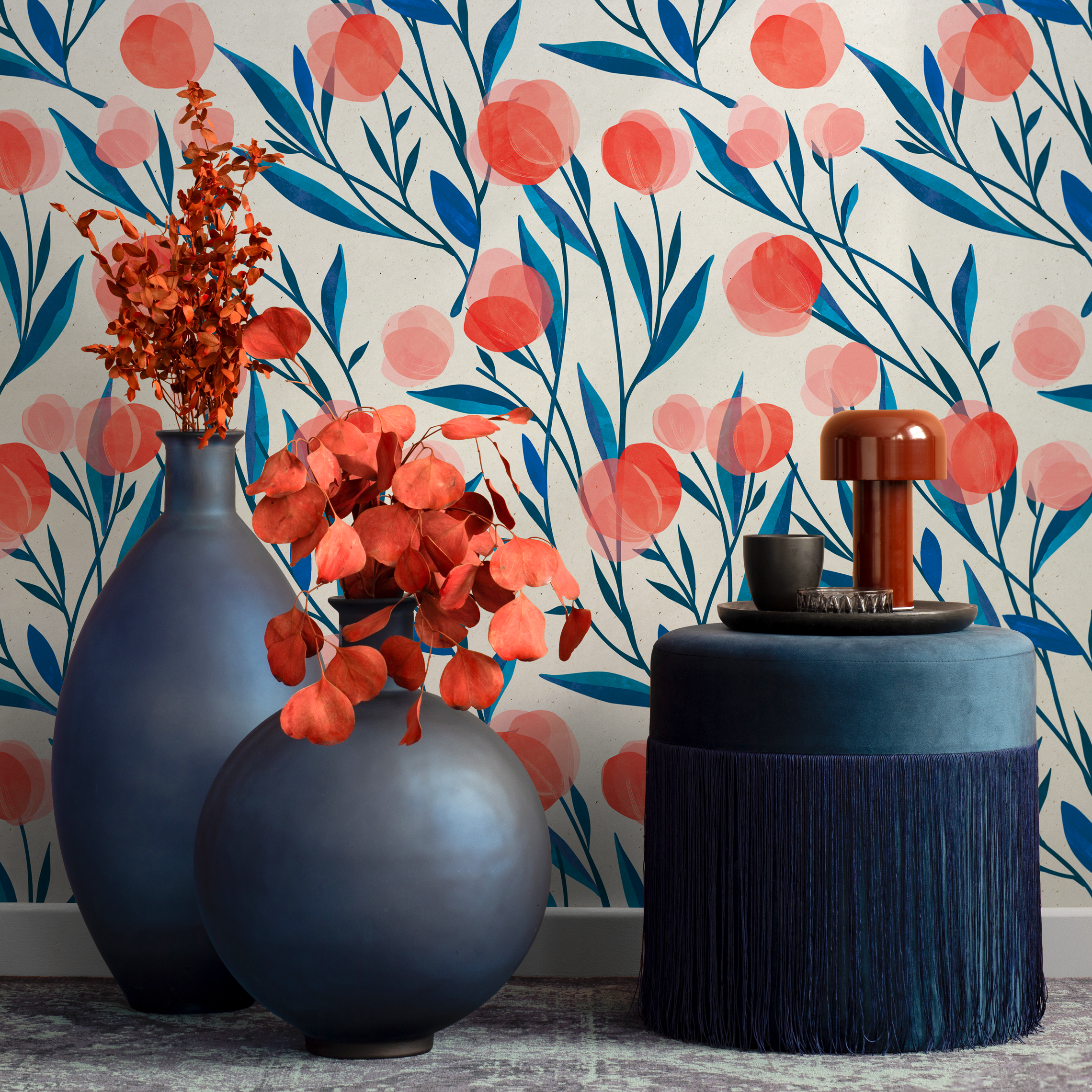Floral Wallpaper Featuring Stylized Flower Buds In Red And Blue - A323
