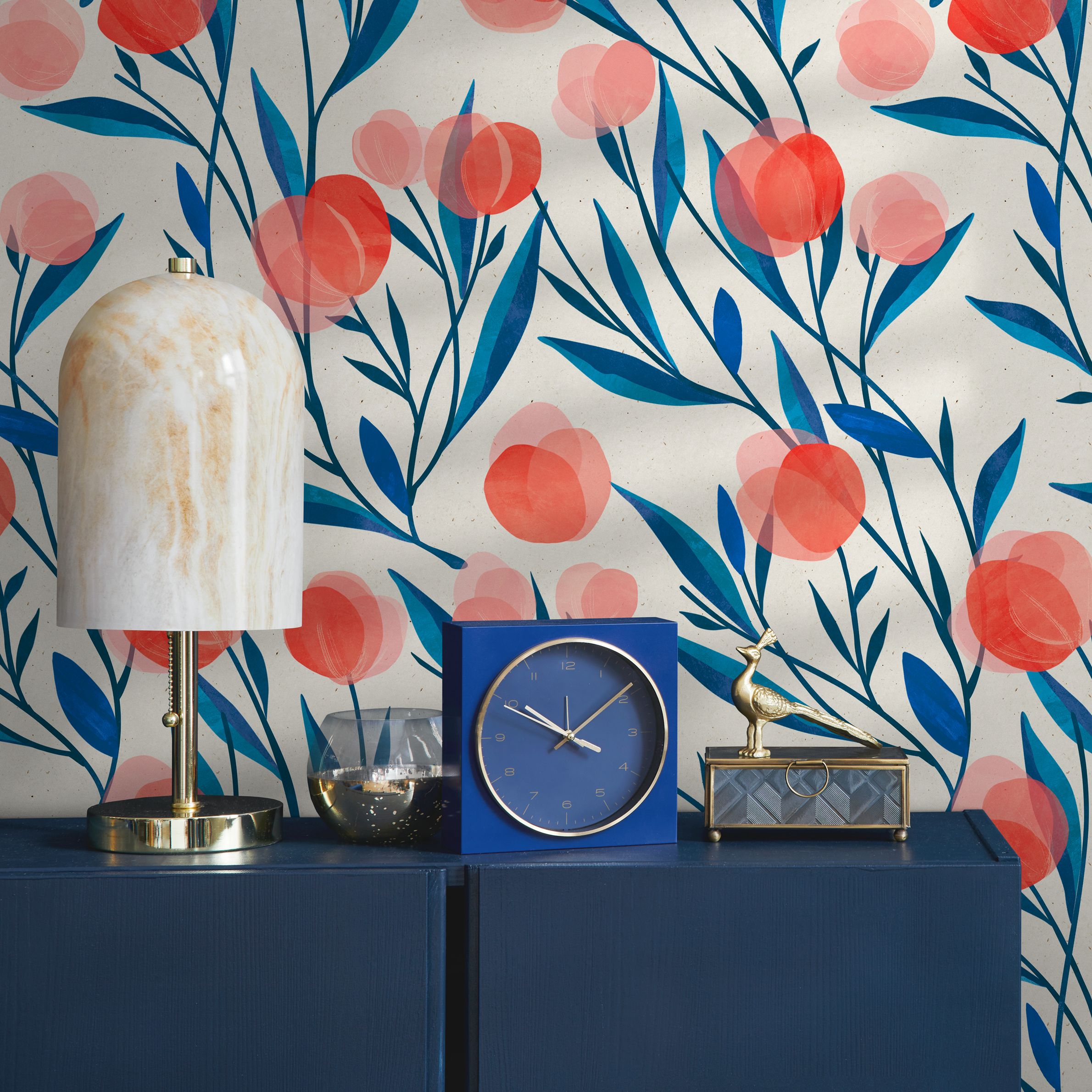 Floral Wallpaper Featuring Stylized Flower Buds In Red And Blue - A323