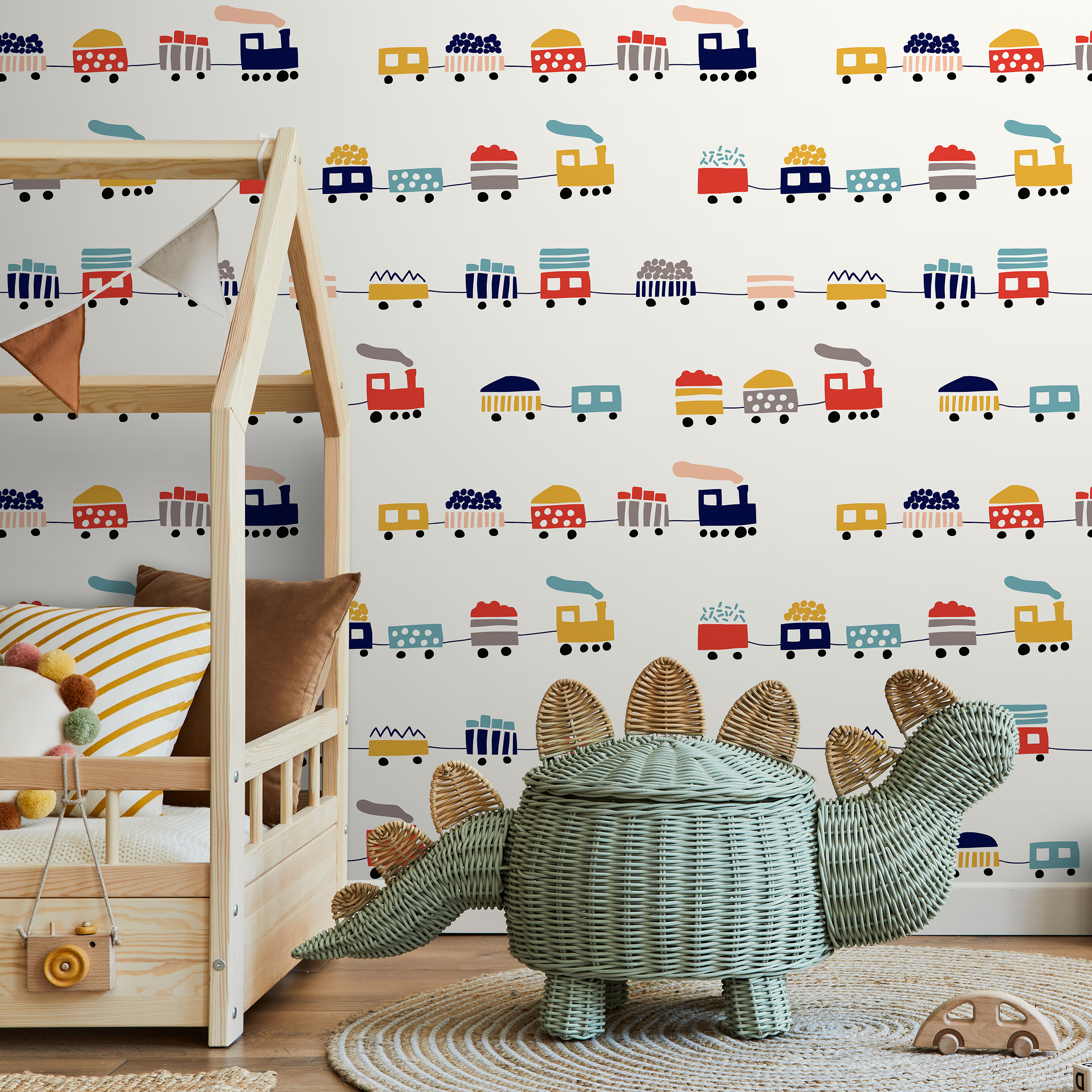 Kids Wallpaper With A Minimalist Toy Train Motif In Red, Yellow, And Blue - A328