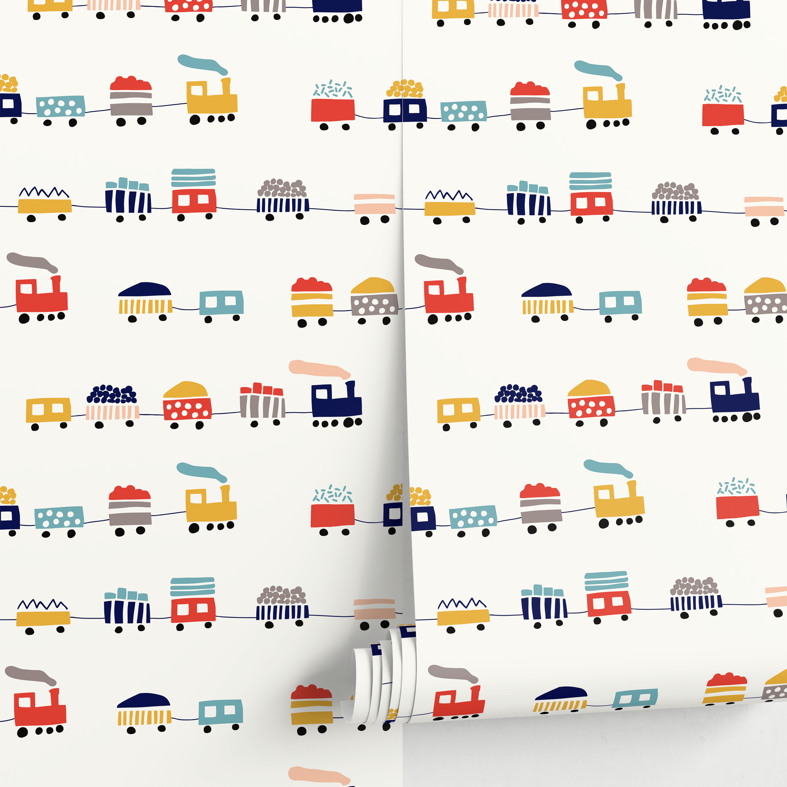 Kids Wallpaper With A Minimalist Toy Train Motif In Red, Yellow, And Blue - A328