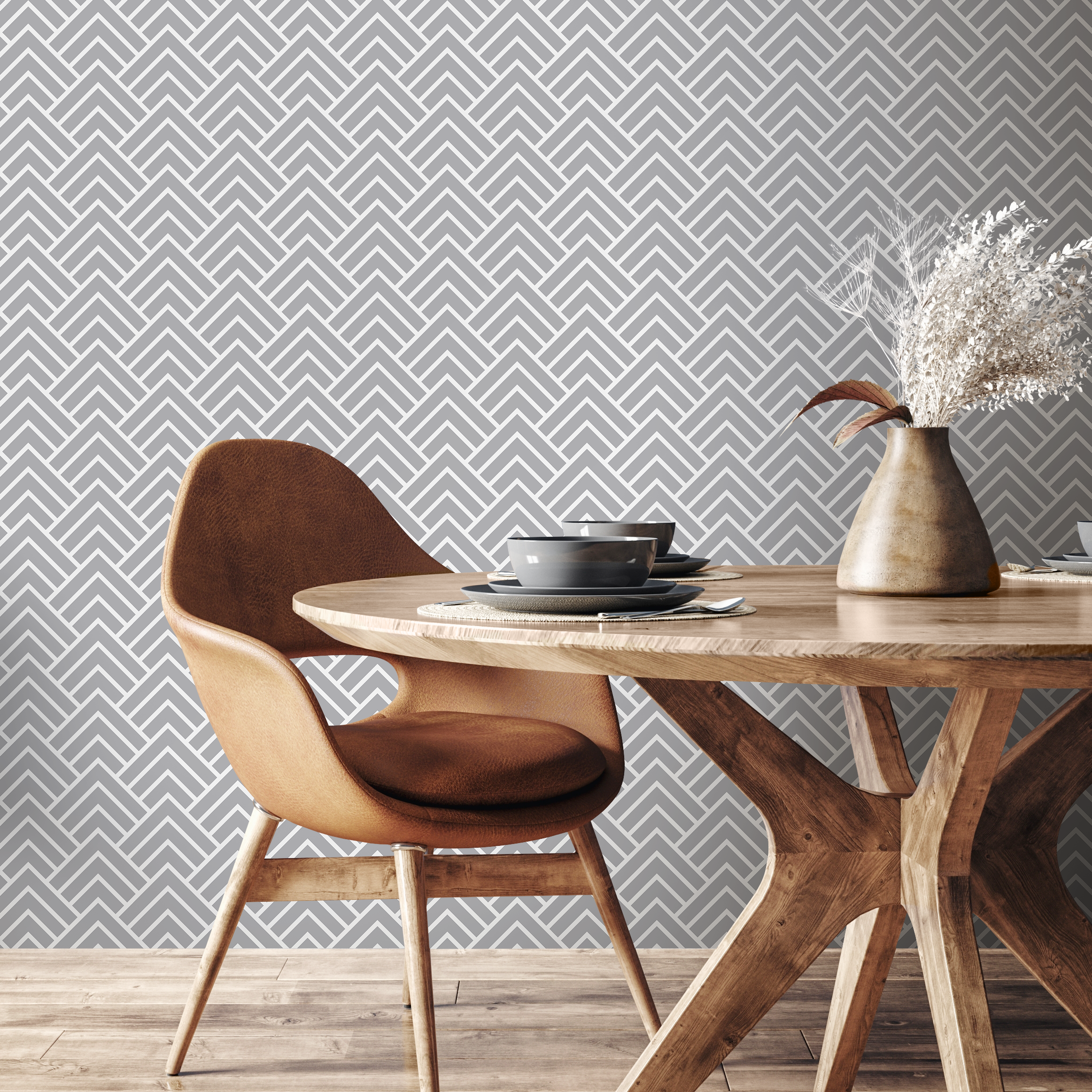 Geometric Wallpaper With A Scandinavian Chevron Motif In Light Gray And White - A329
