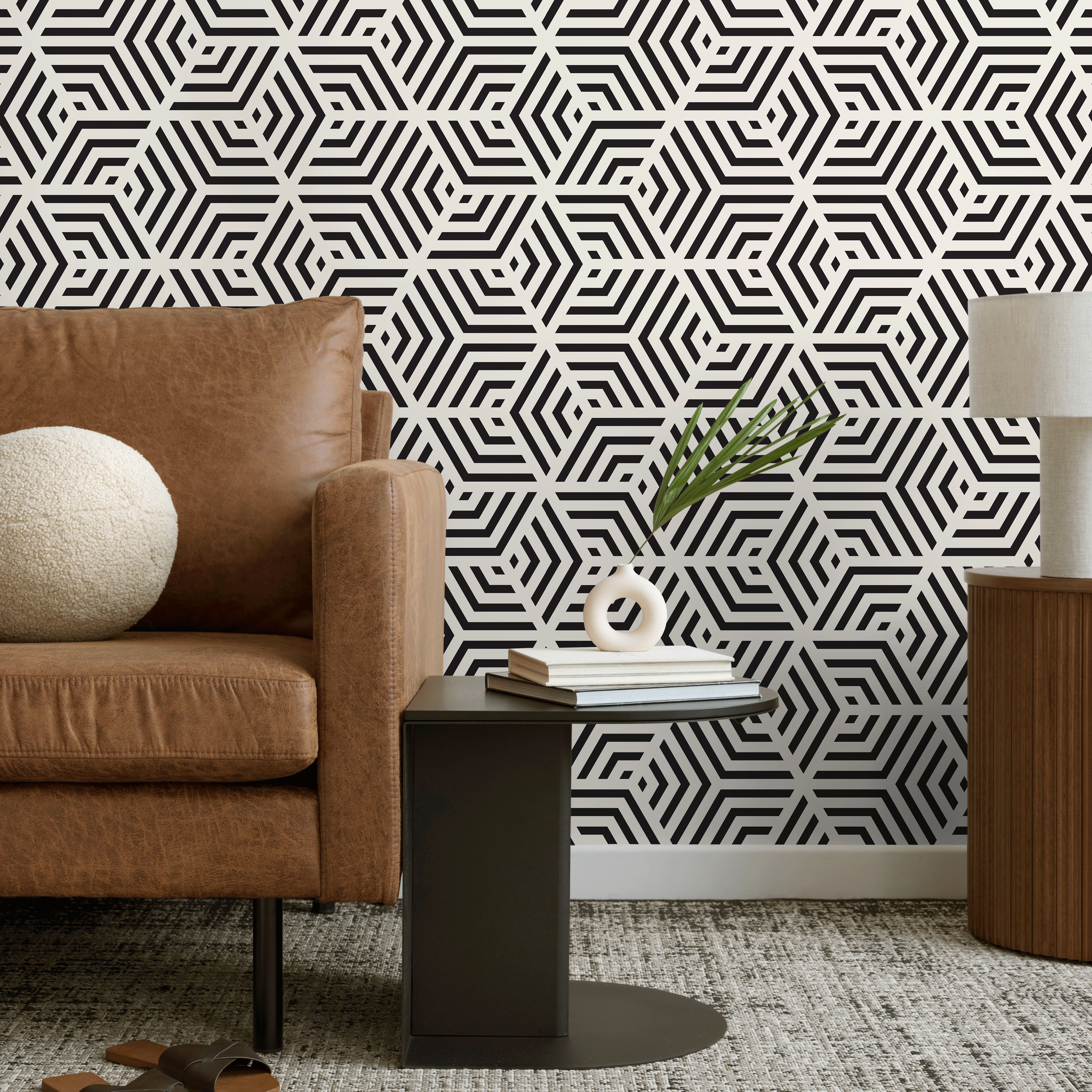 Geometric Wallpaper With A 3d Cube Motif In Black And Cream - A331