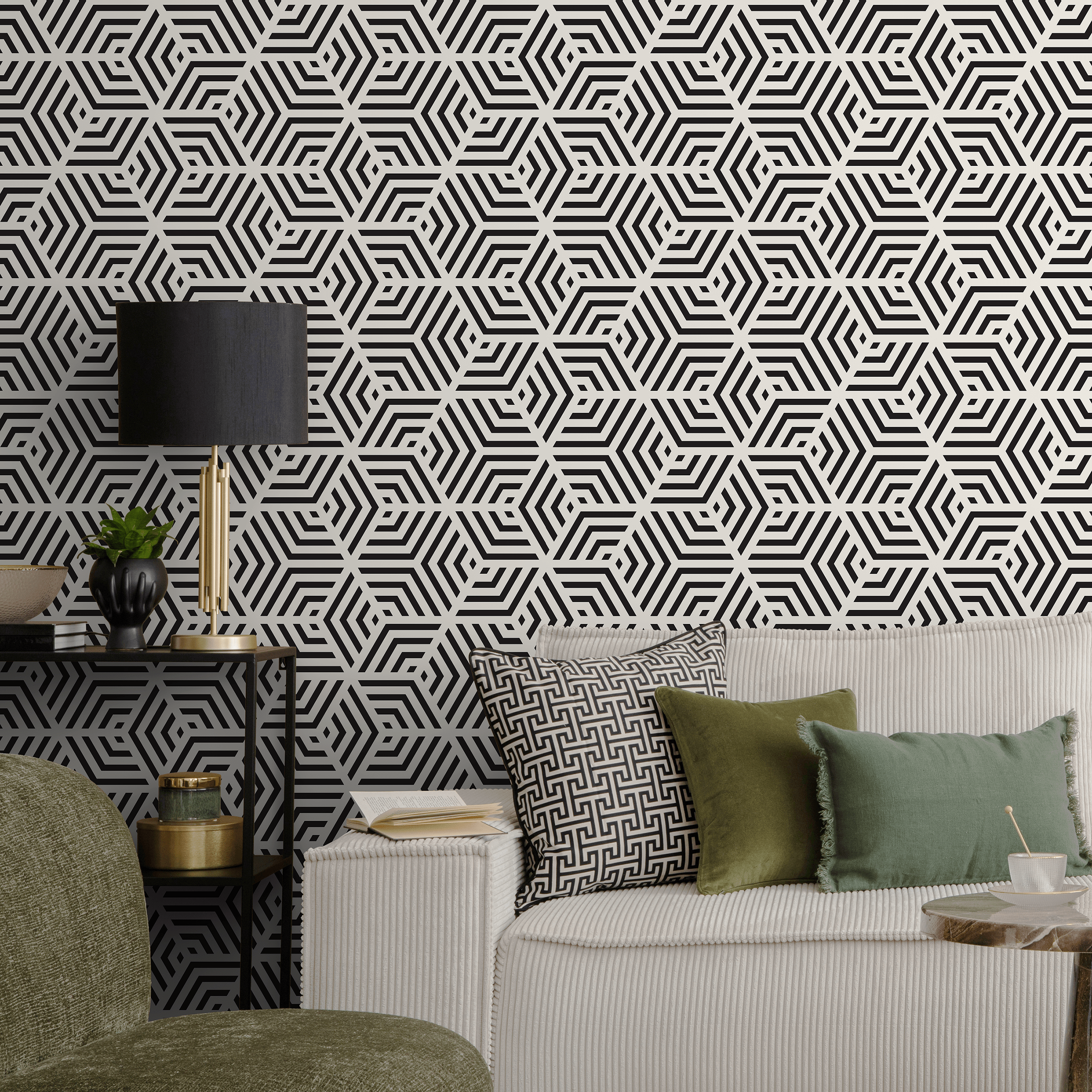 Geometric Wallpaper With A 3d Cube Motif In Black And Cream - A331