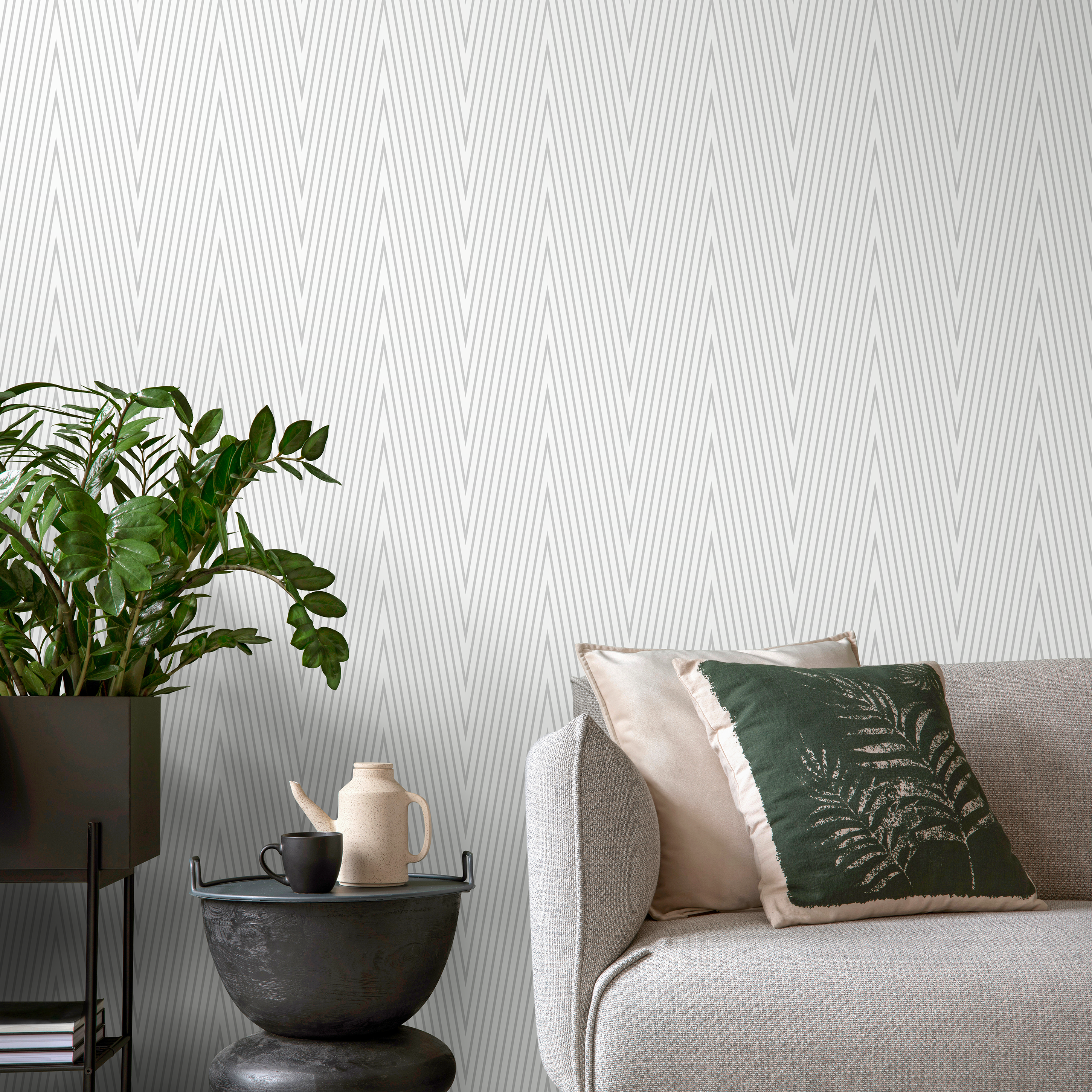 Geometric Wallpaper With A Thin Line Chevron Motif In Gray - A332