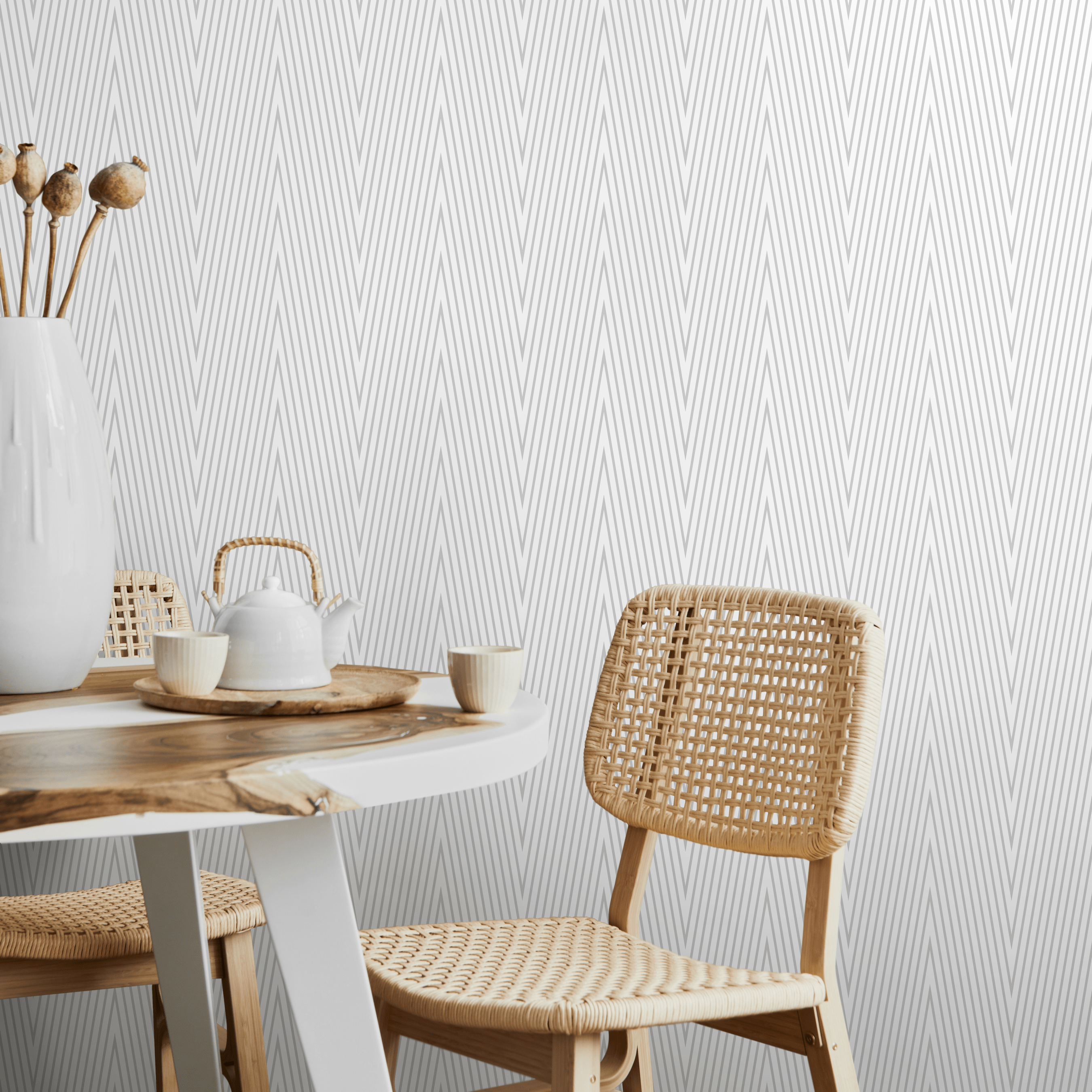 Geometric Wallpaper With A Thin Line Chevron Motif In Gray - A332