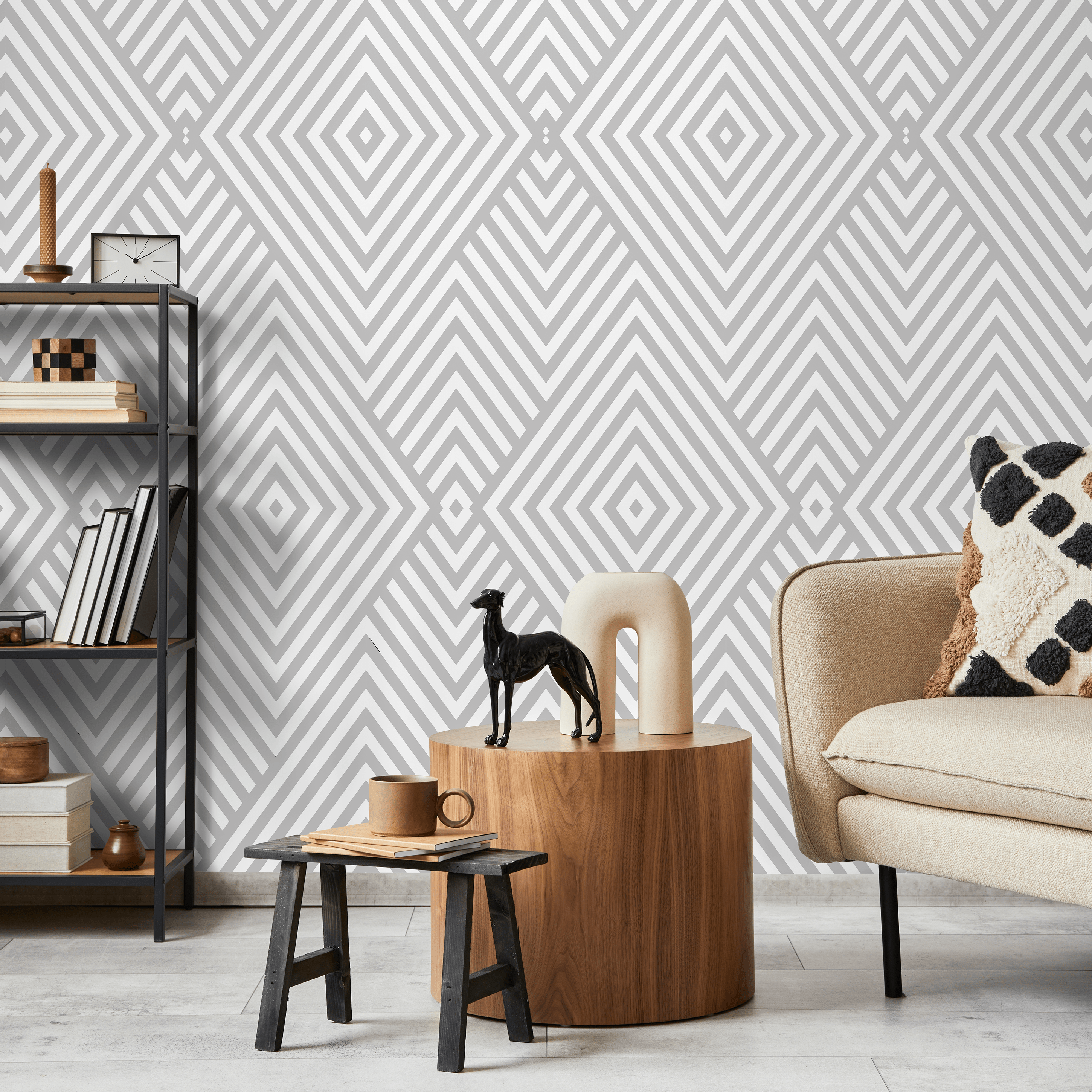 Geometric Wallpaper With A Striped Diamond Motif In Light Gray - A335