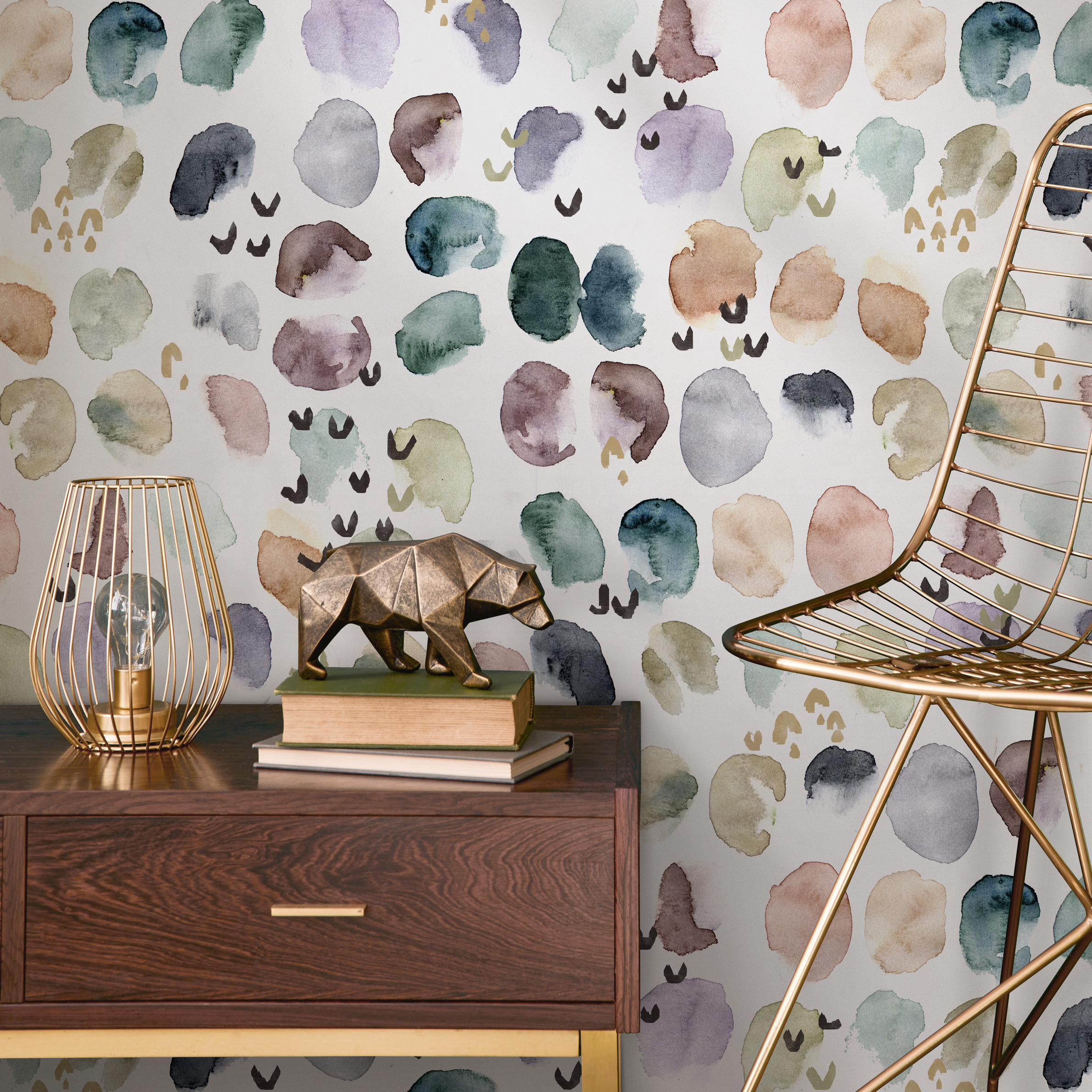 Abstract Wallpaper With Painterly Watercolor Spots In Green, Pink, And Purple - A356