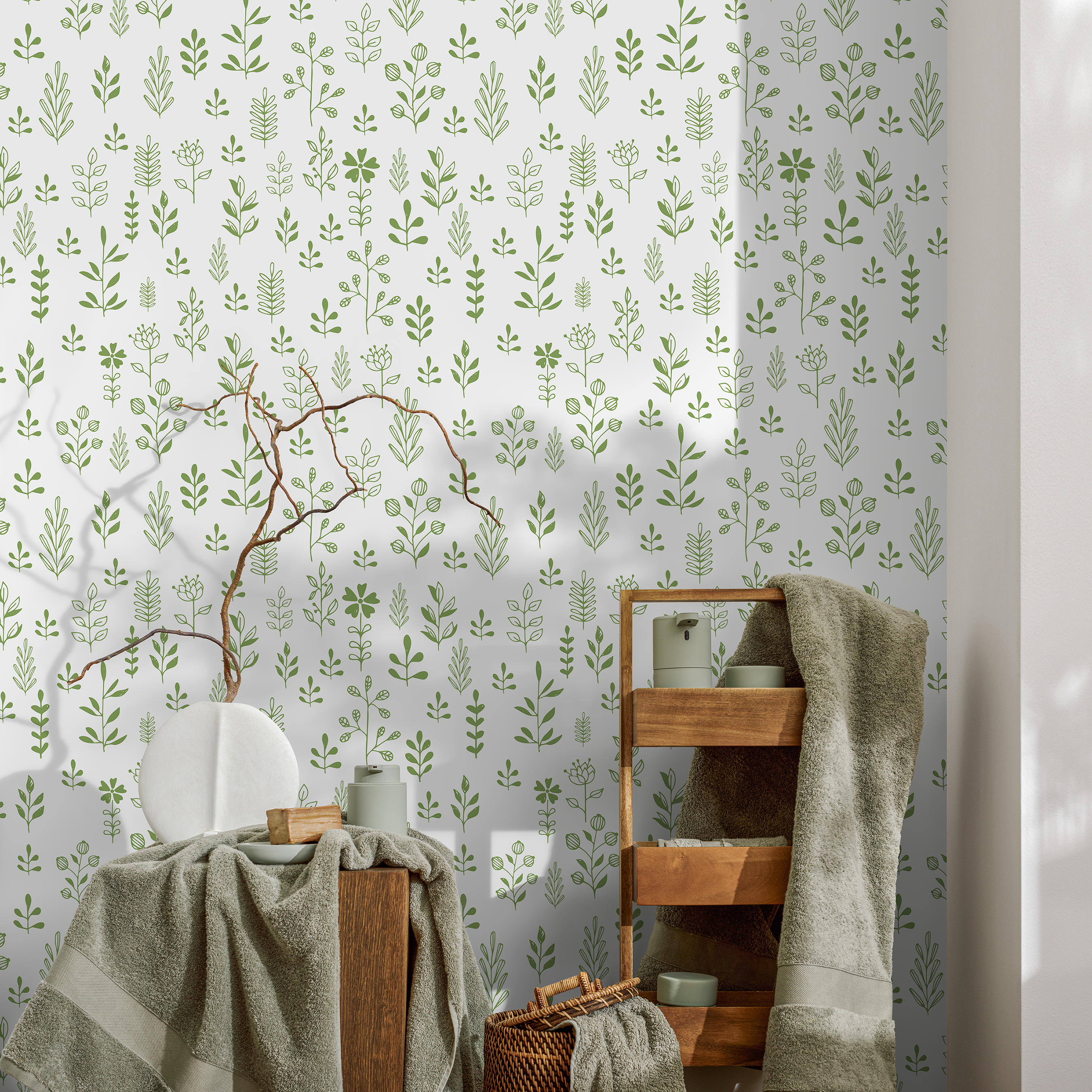 Botanical Wallpaper With Hand-drawn Sprigs In Green - A365