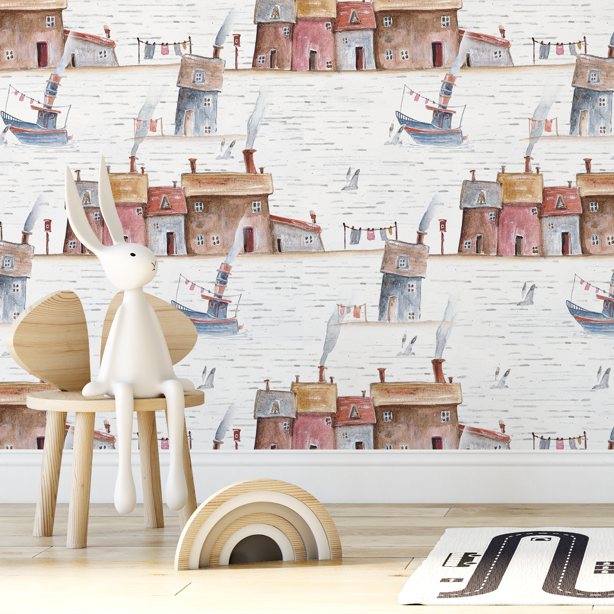 Nautical Wallpaper With A Watercolor Seaside Village In Brown, Red, And Blue - A376