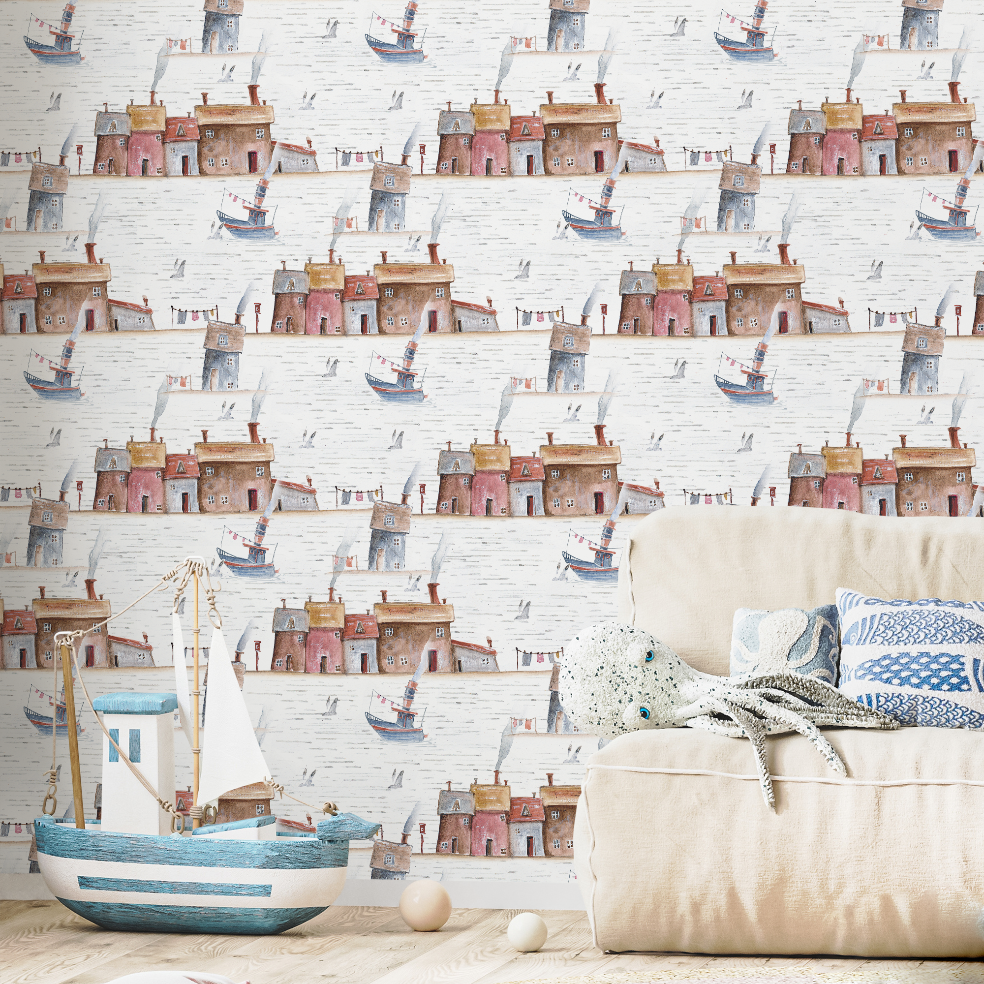Nautical Wallpaper With A Watercolor Seaside Village In Brown, Red, And Blue - A376