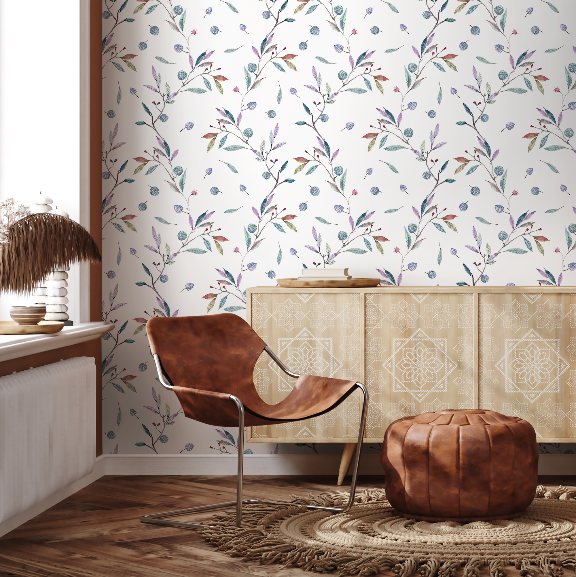 Botanical Wallpaper With Watercolor Berry Branches In Blue, Purple, And Red - A391