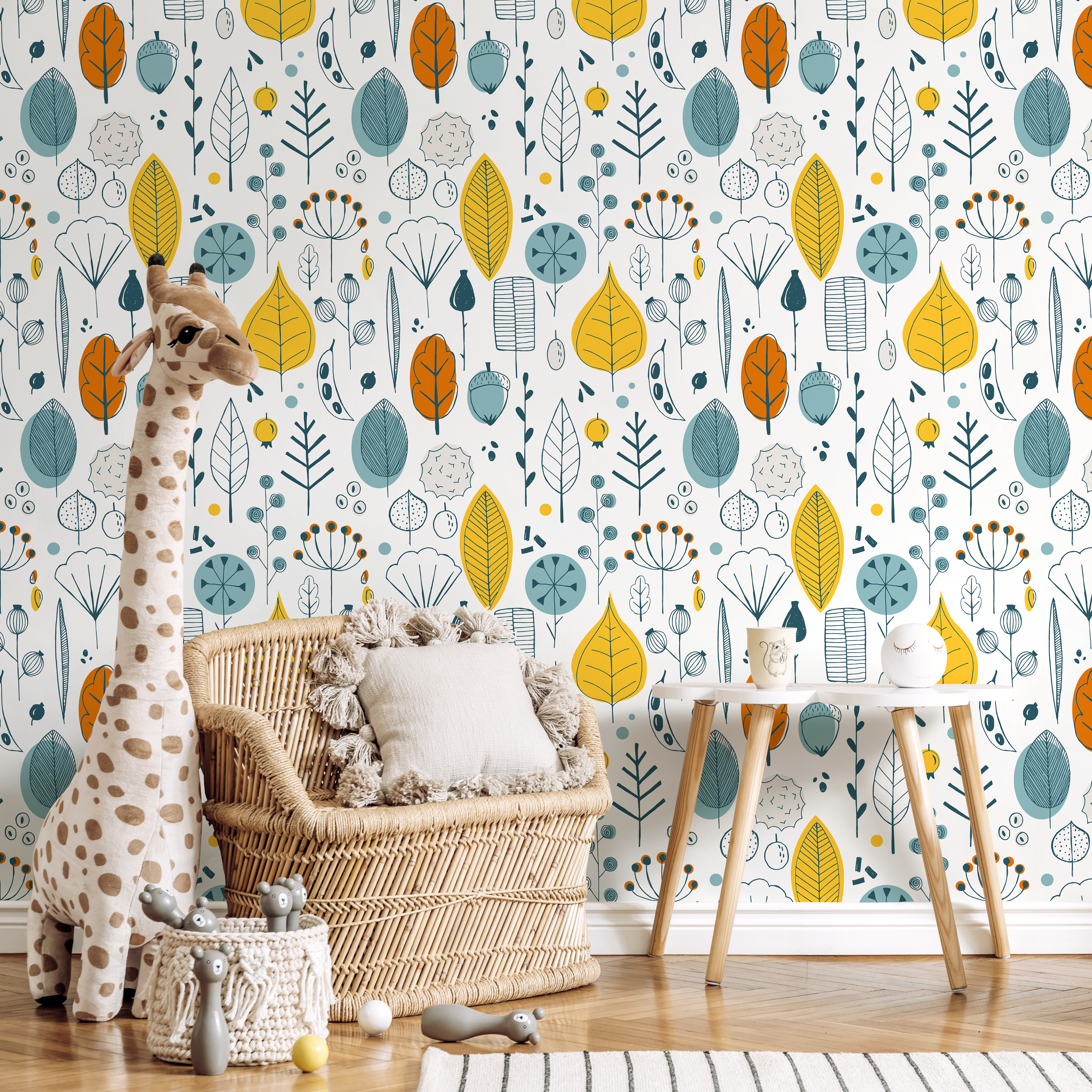 Scandinavian Wallpaper With A Woodland Motif In Teal, Yellow, And Orange - A398
