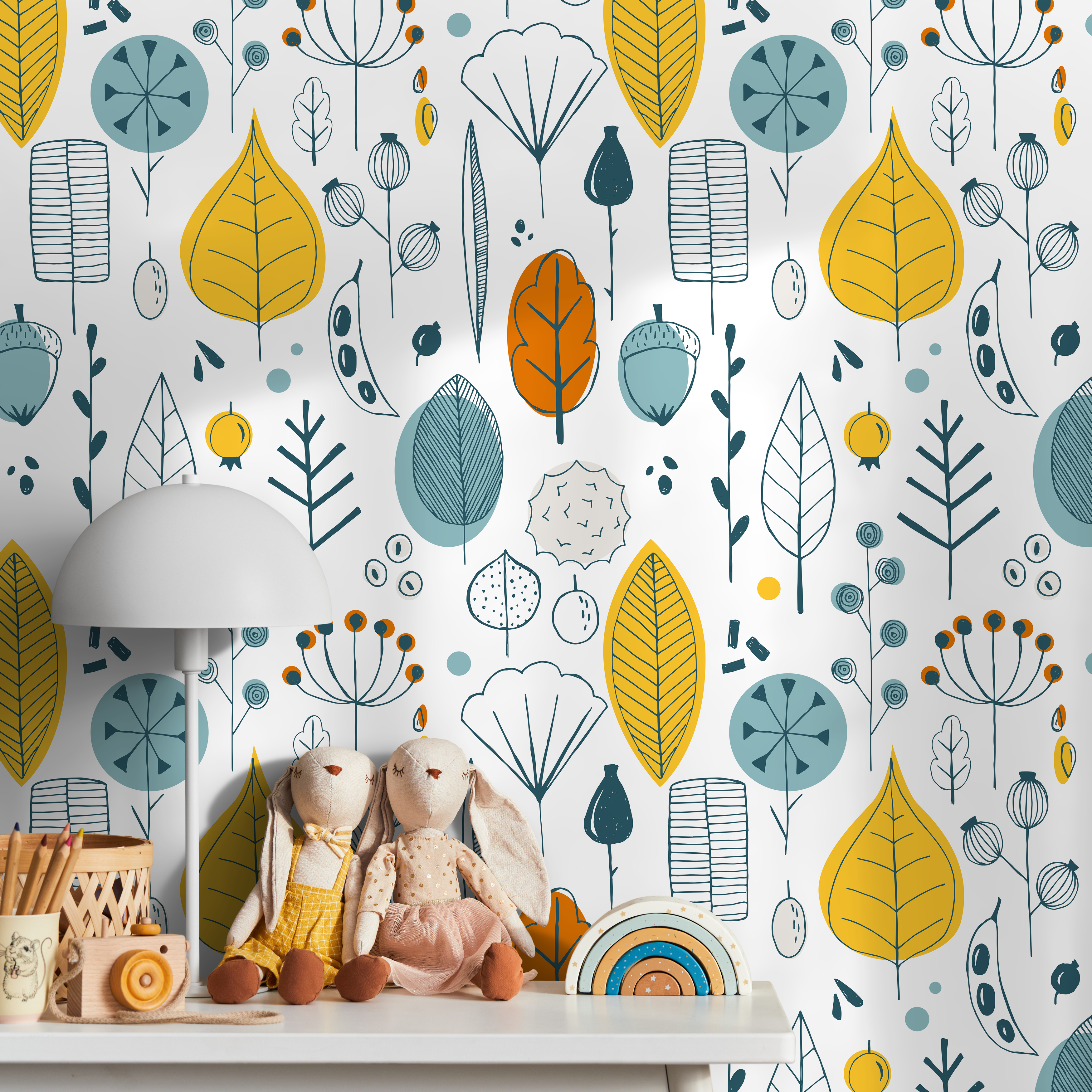 Scandinavian Wallpaper With A Woodland Motif In Teal, Yellow, And Orange - A398