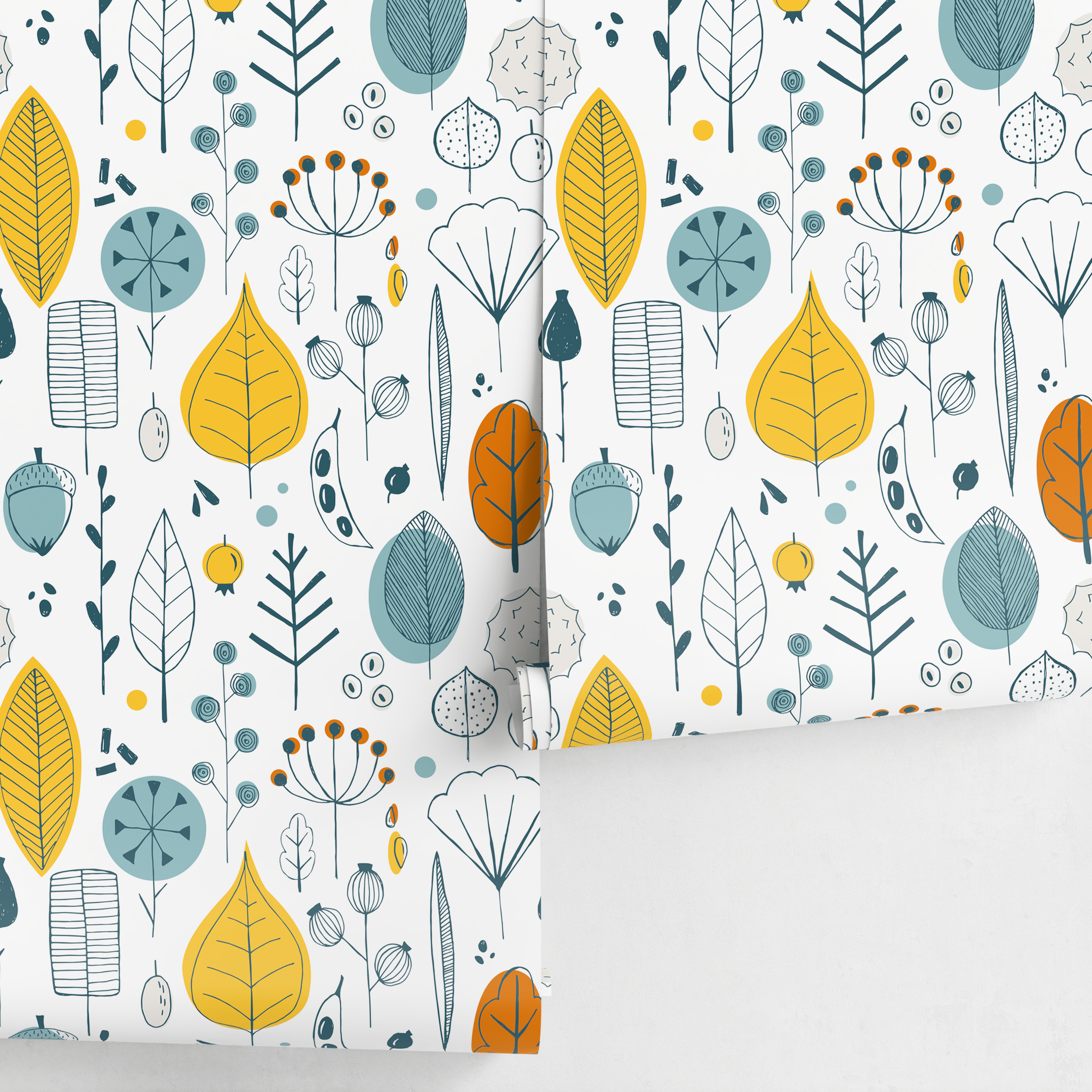 Scandinavian Wallpaper With A Woodland Motif In Teal, Yellow, And Orange - A398