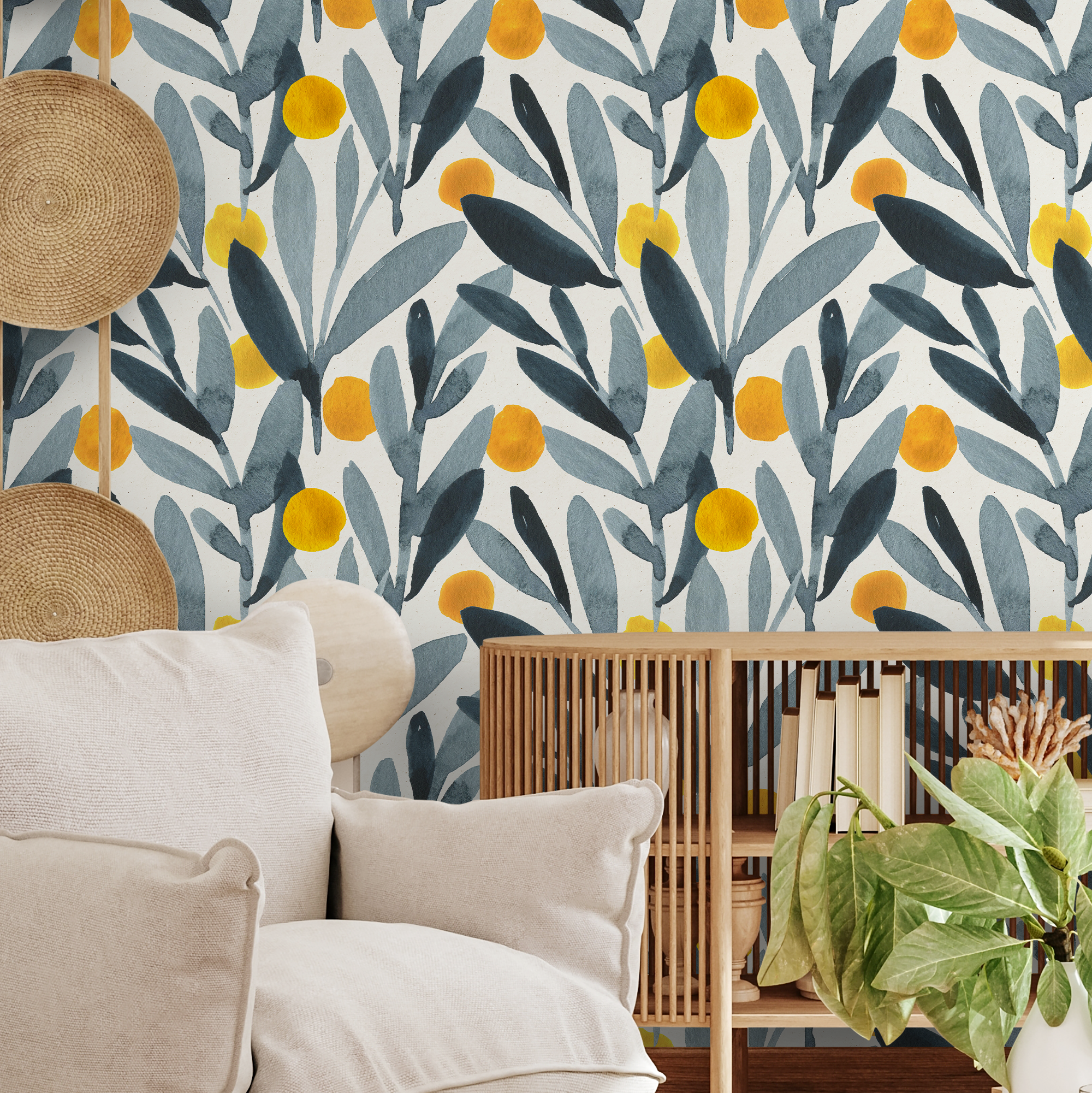 Botanical Wallpaper With Watercolor Leaves And Berries In Blue, Gray, And Orange - A401