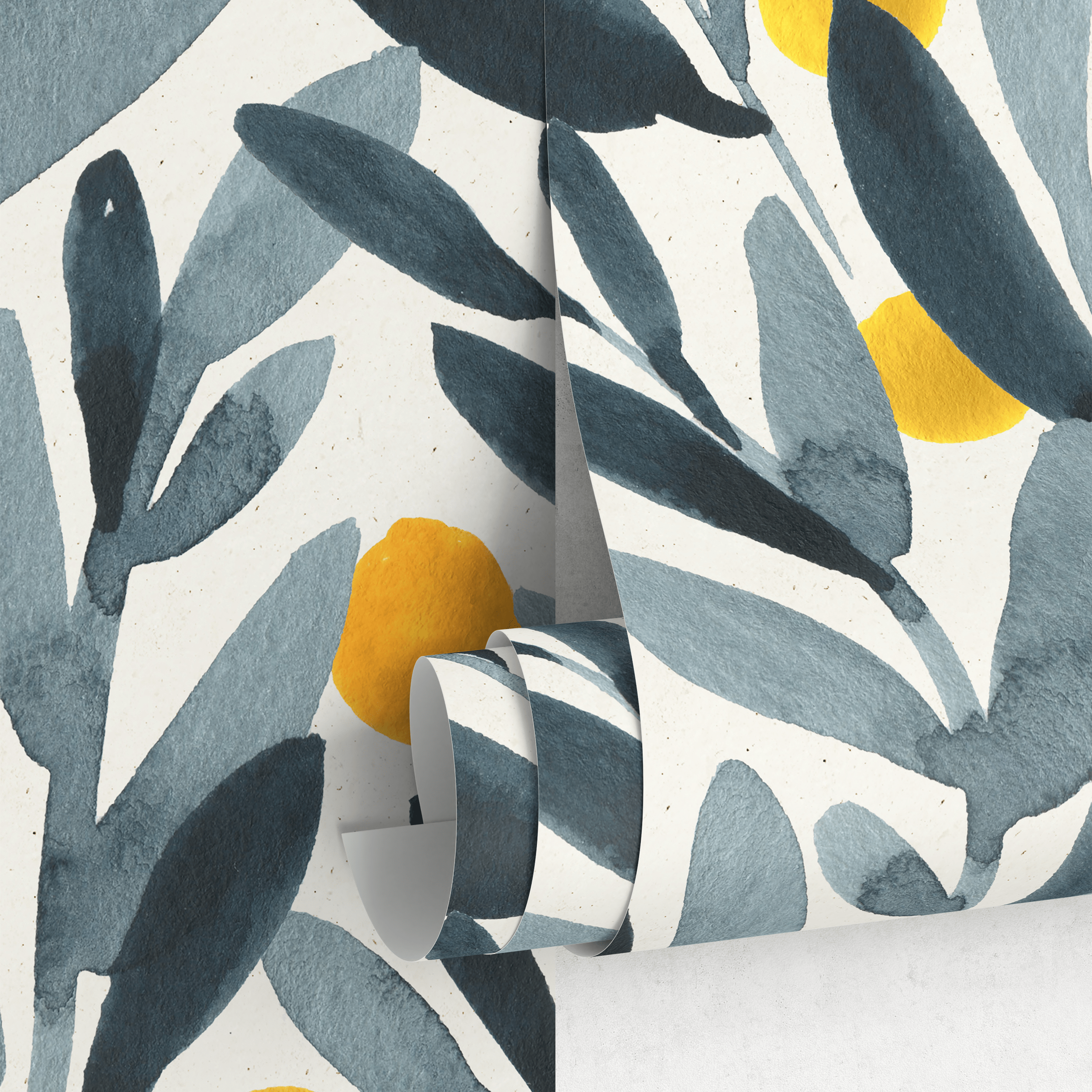 Botanical Wallpaper With Watercolor Leaves And Berries In Blue, Gray, And Orange - A401
