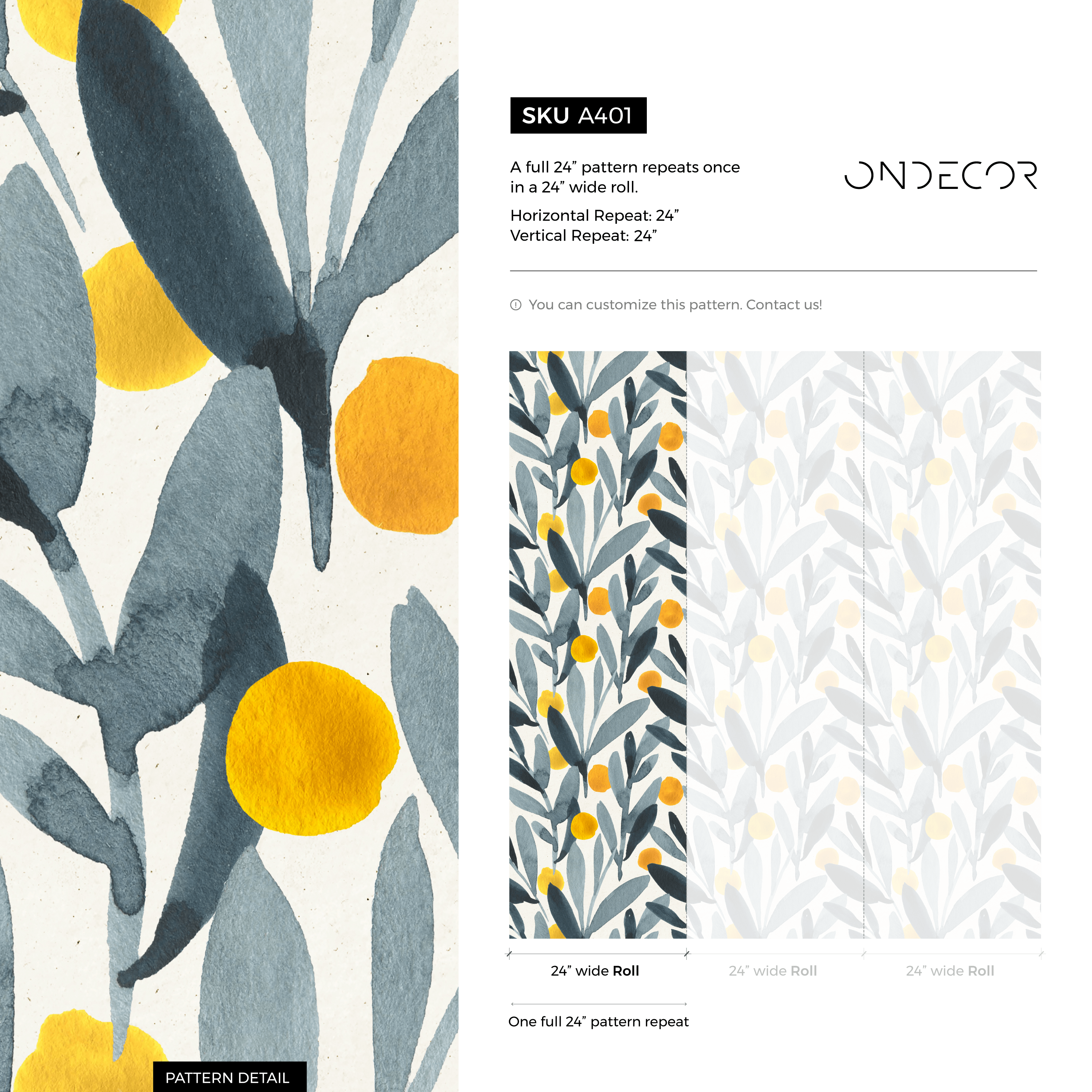 Botanical Wallpaper With Watercolor Leaves And Berries In Blue, Gray, And Orange - A401