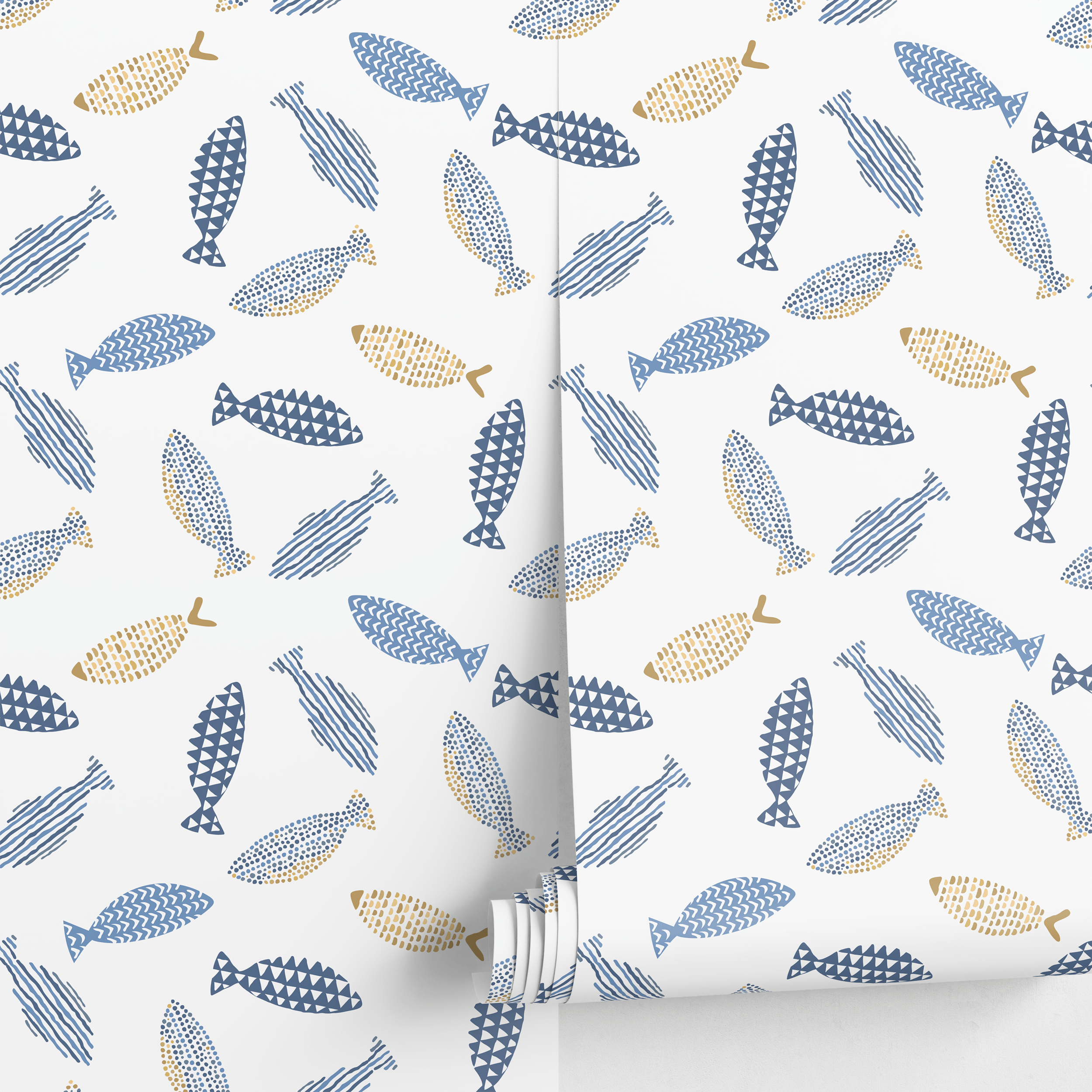 Scandinavian Wallpaper With A Minimalist Fish Motif In Blue And Gold - A409