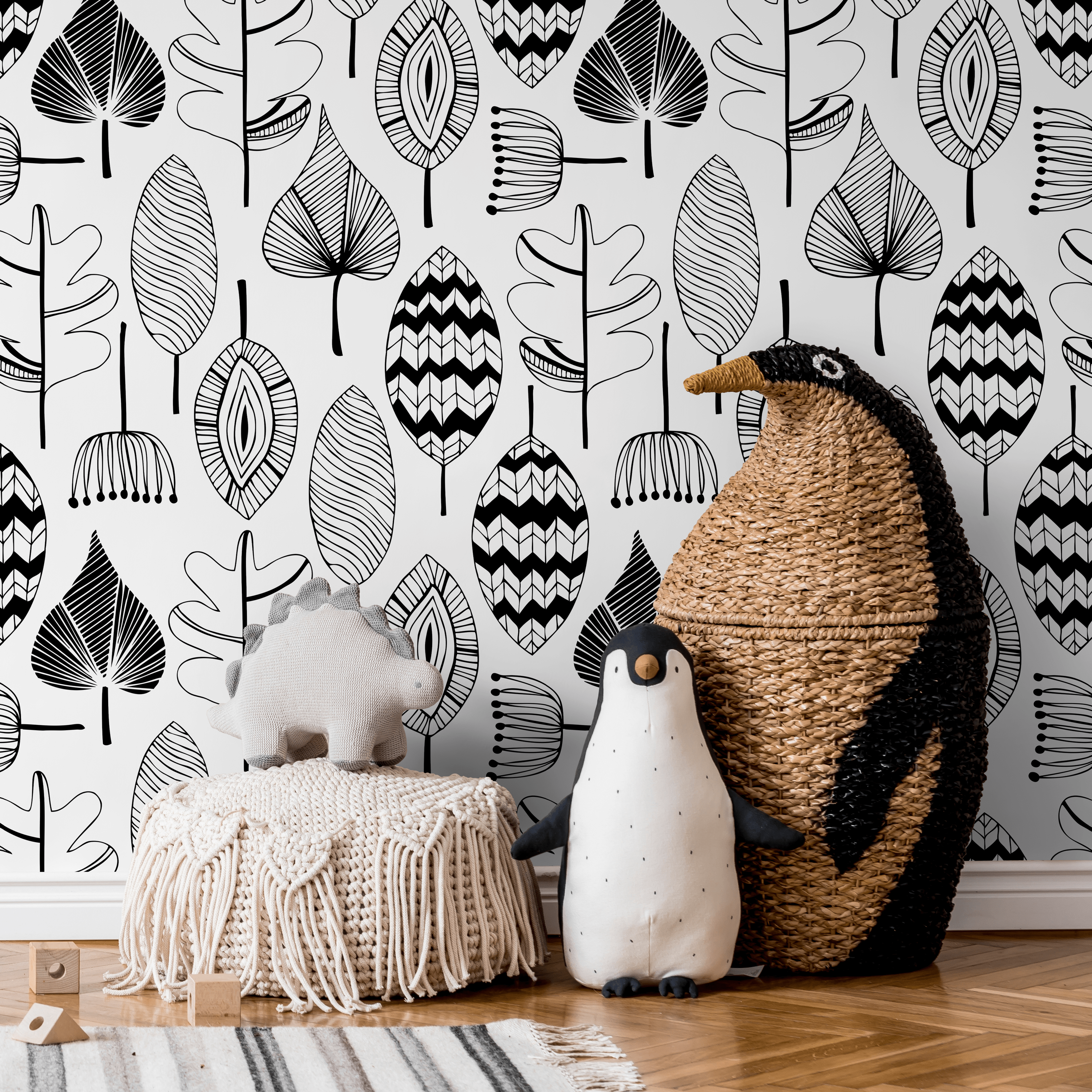 Scandinavian Wallpaper Featuring Abstract Foliage In Black And White - A411