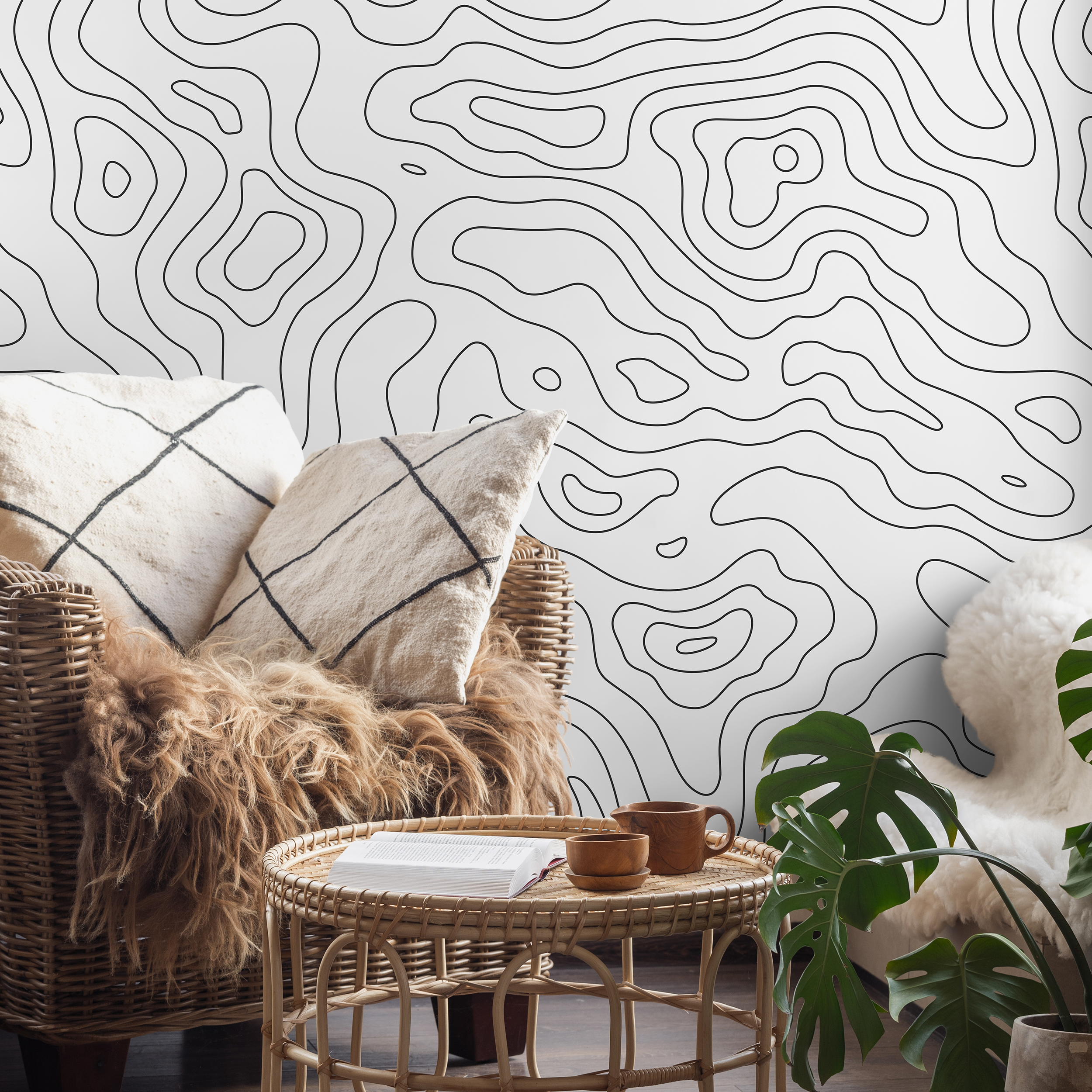 Abstract Wallpaper With Topographic Contour Lines In Black And White - A420