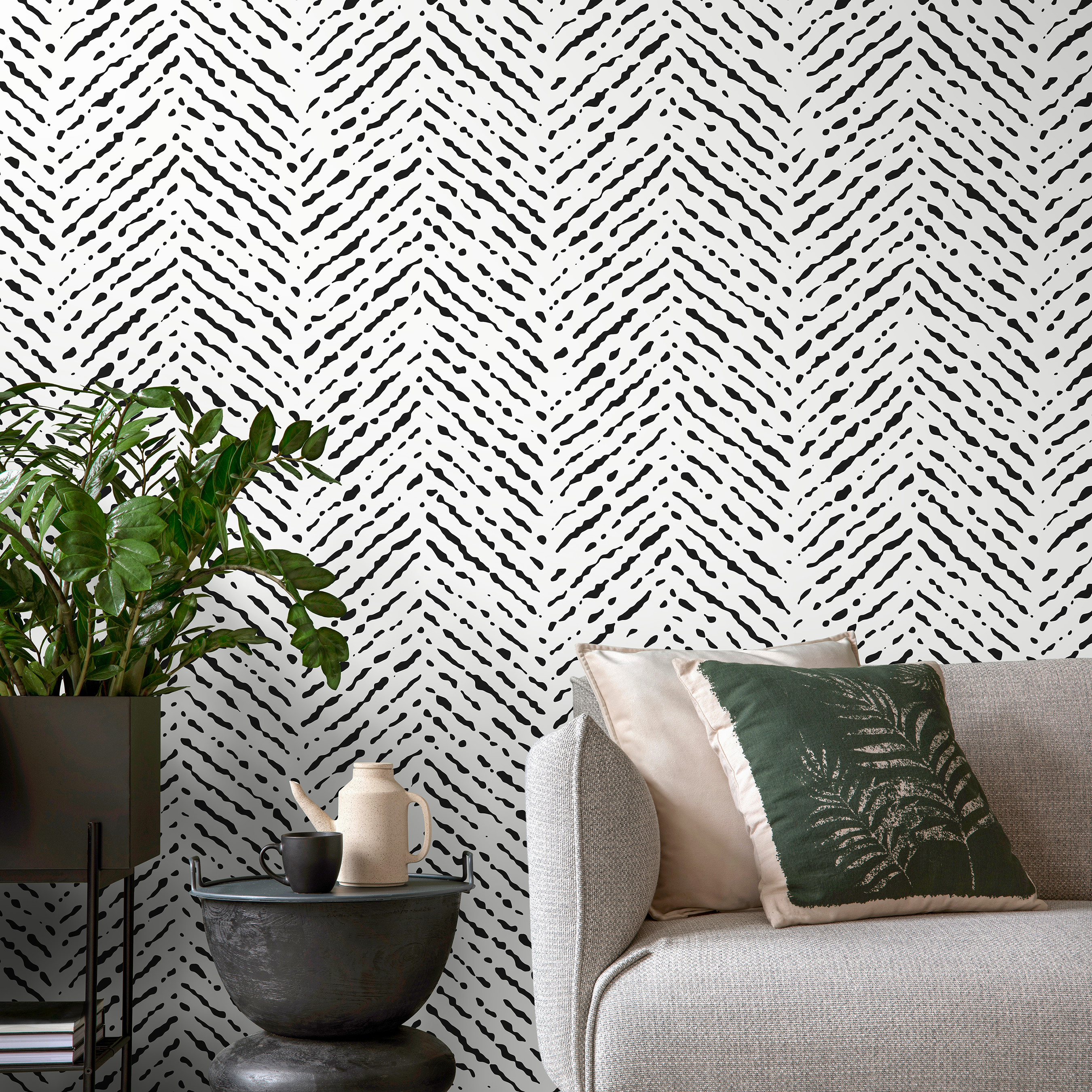 Scandinavian Wallpaper With A Hand-drawn Herringbone Motif In Black And White - A421