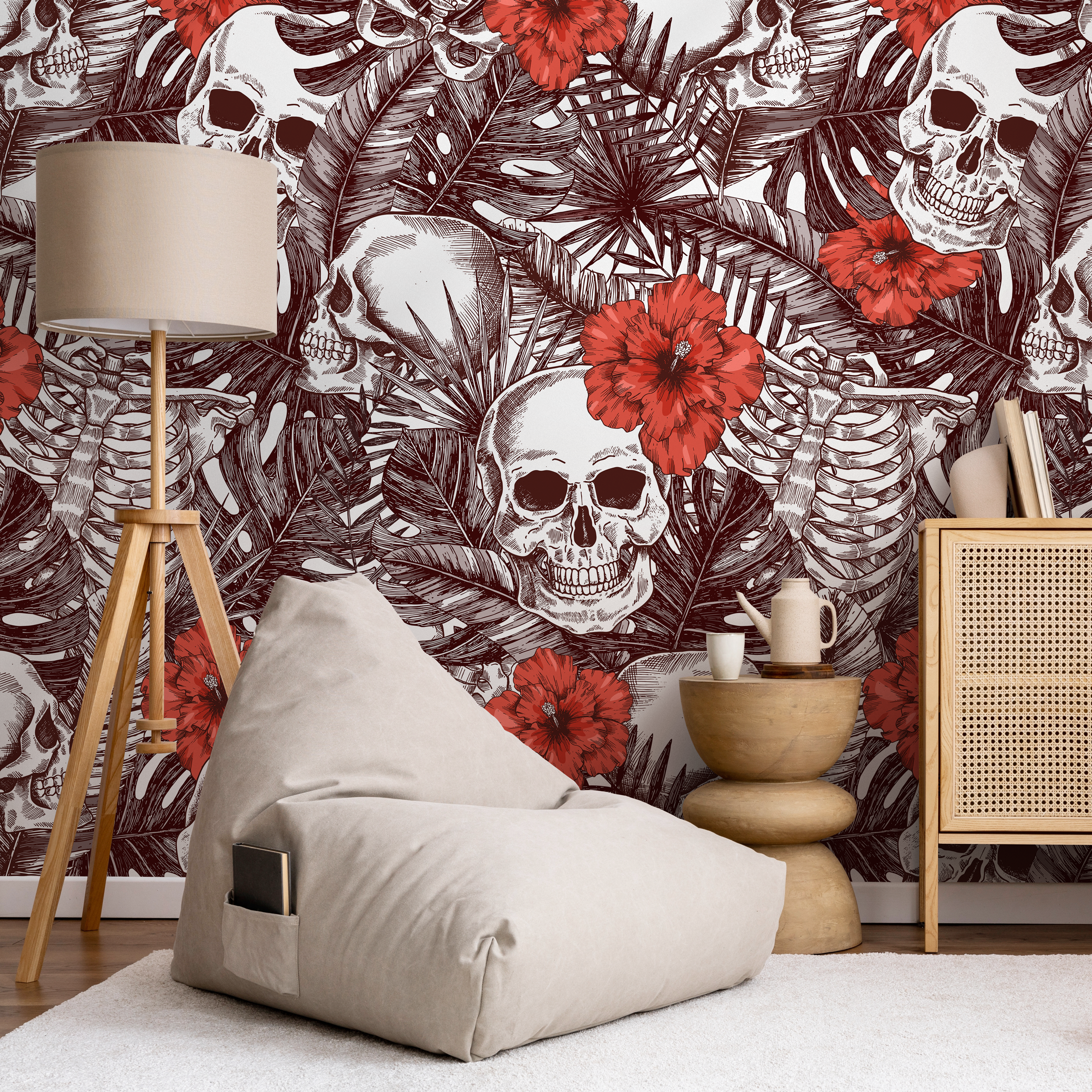 Gothic Wallpaper With Tropical Skulls And Hibiscus Flowers In Brown And Red - A445