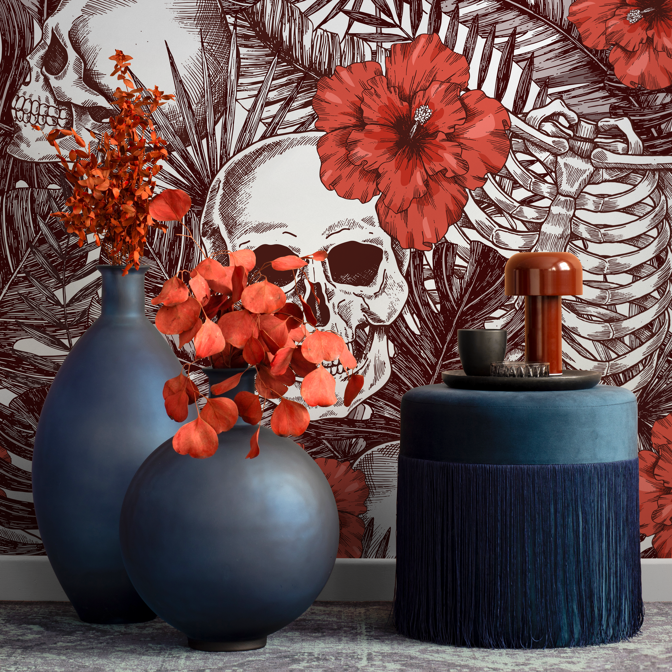 Gothic Wallpaper With Tropical Skulls And Hibiscus Flowers In Brown And Red - A445