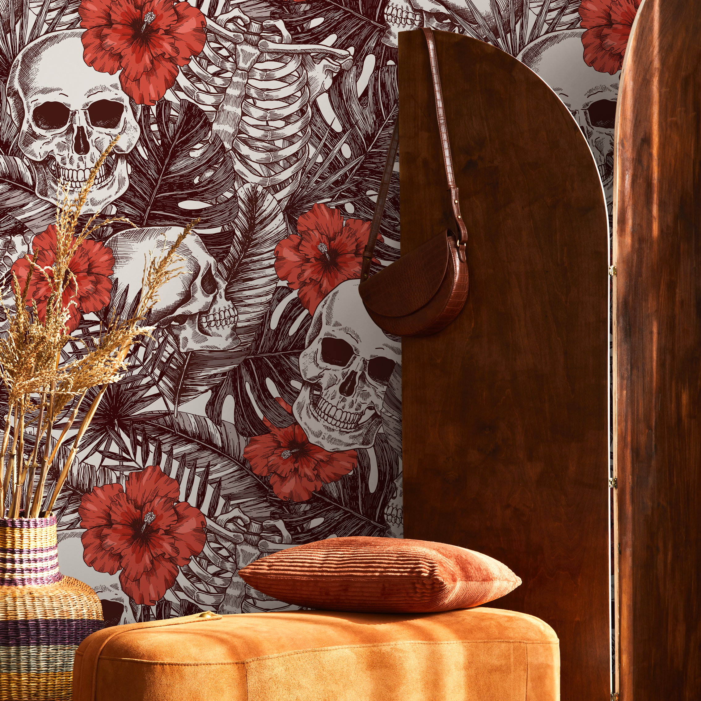 Gothic Wallpaper With Tropical Skulls And Hibiscus Flowers In Brown And Red - A445