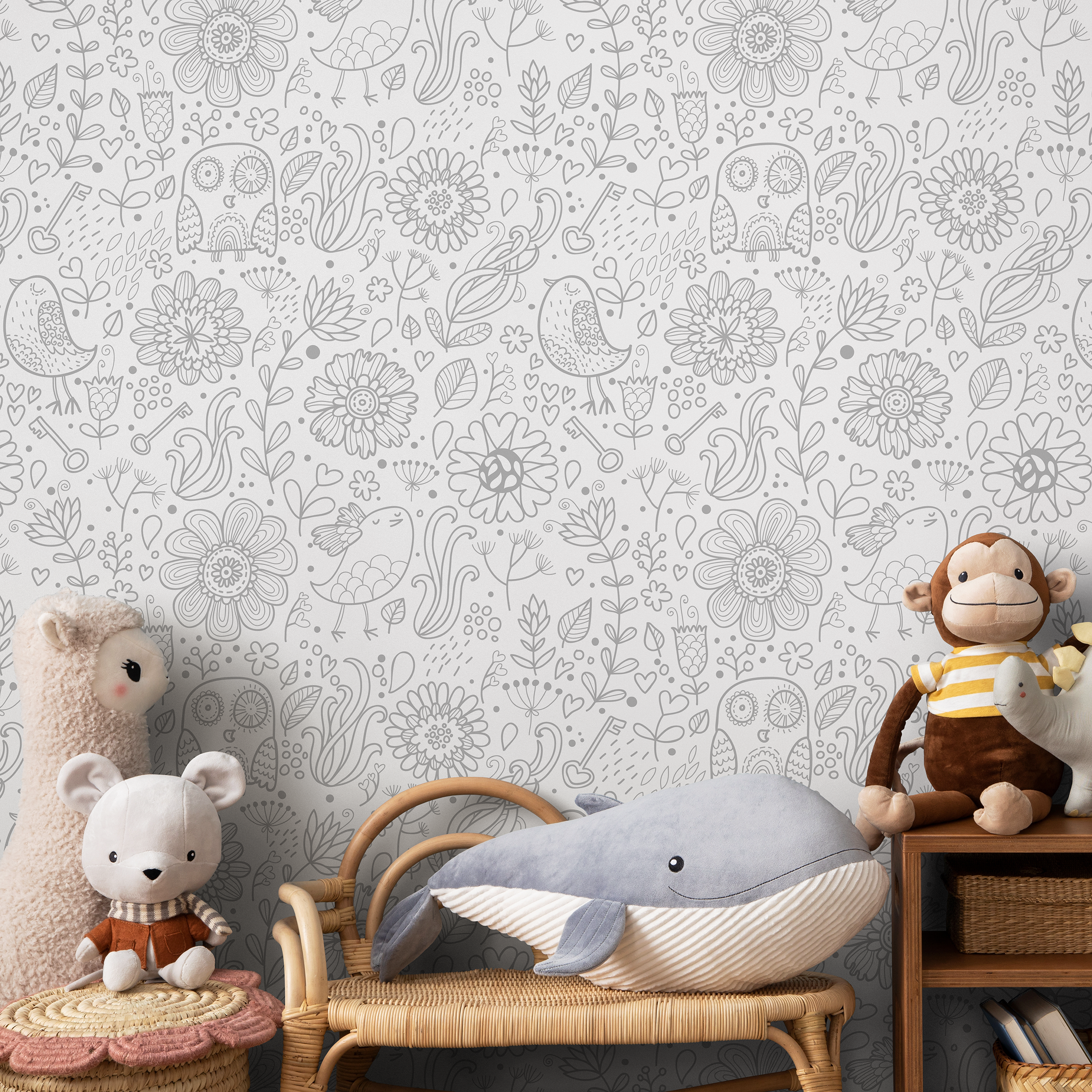 Scandinavian Wallpaper With Hand-drawn Florals And Animals In Gray - A452